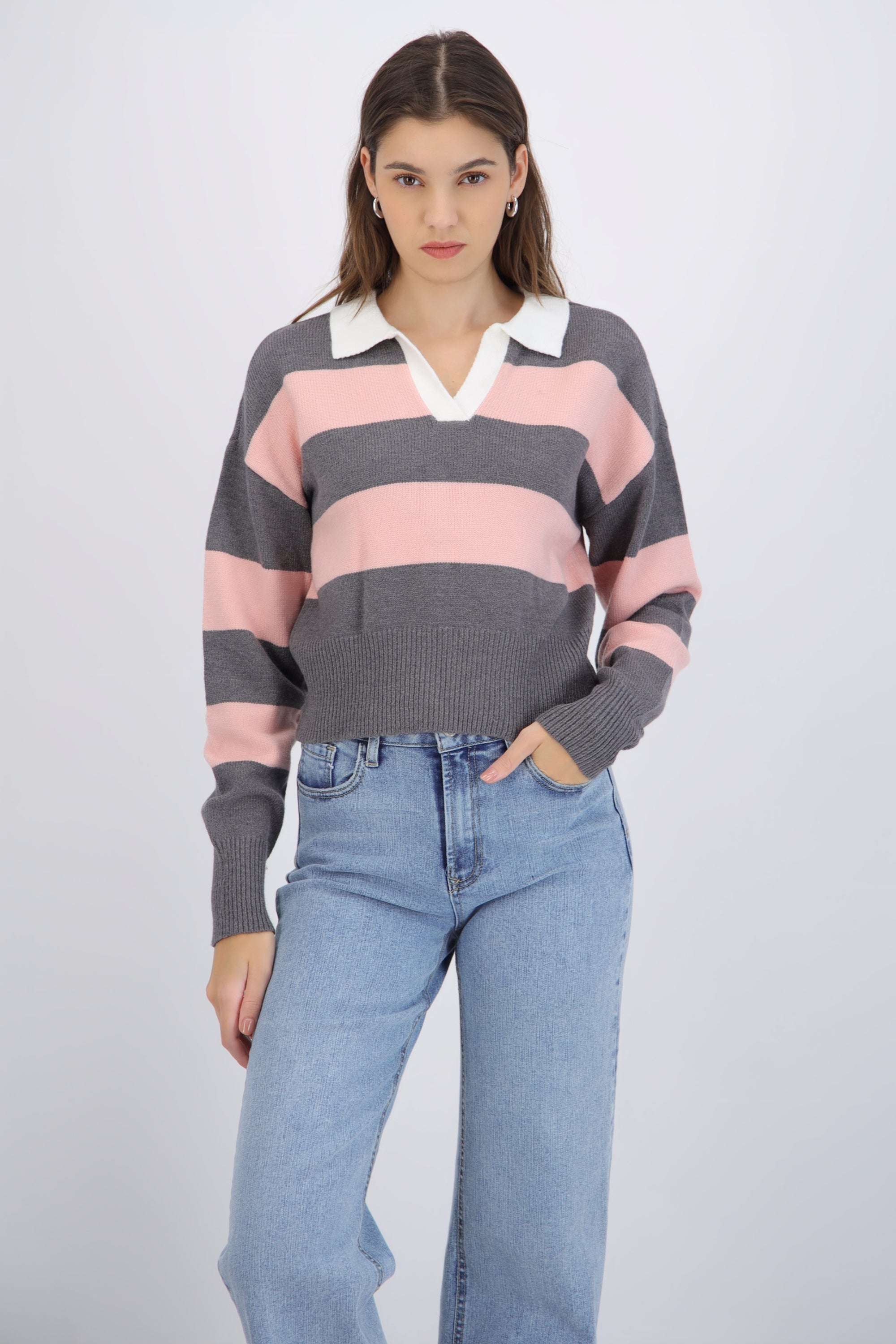 Sueter tejido cuello polo rayas