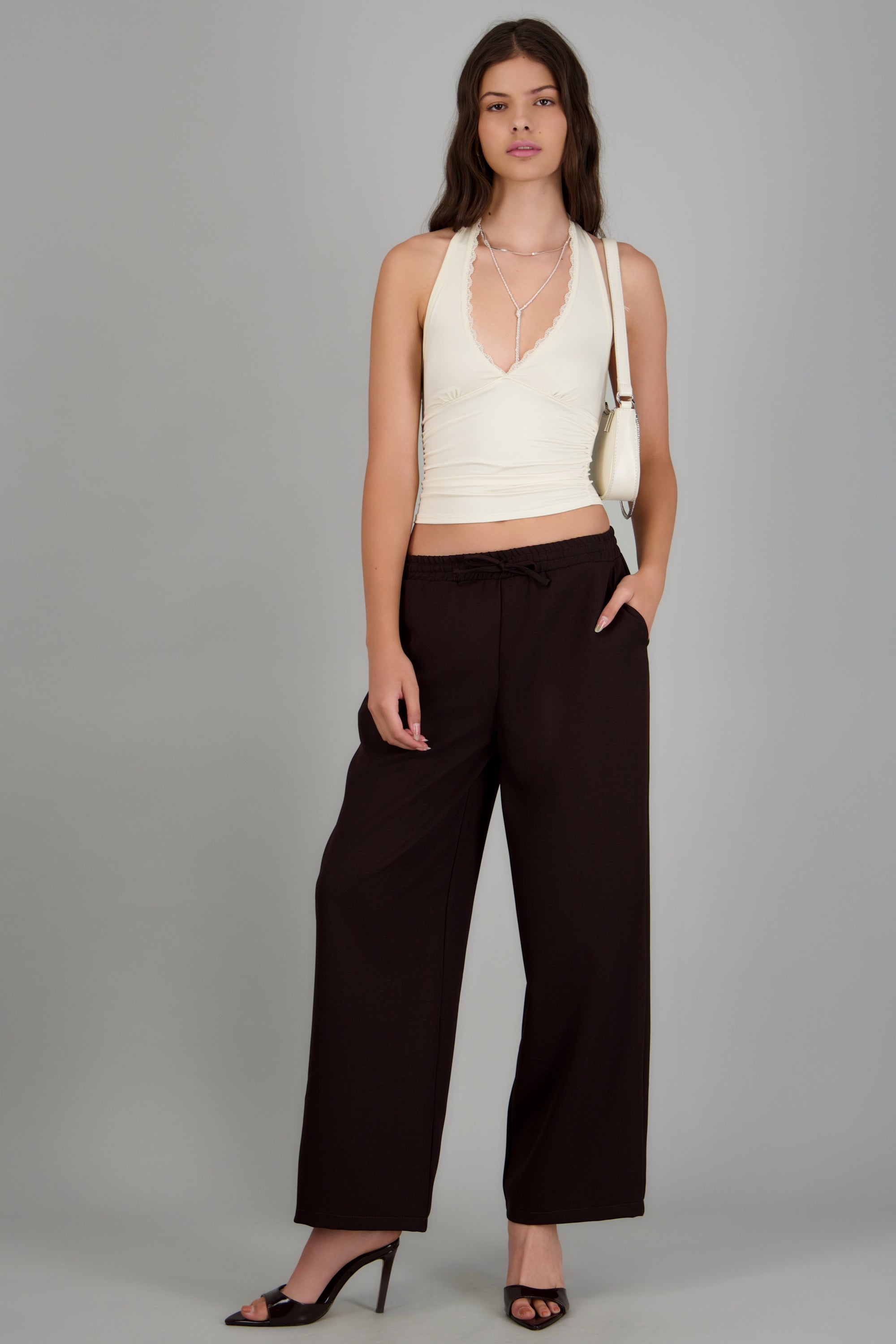 Pantalon wide leg detalle pretina CHOCOLATE