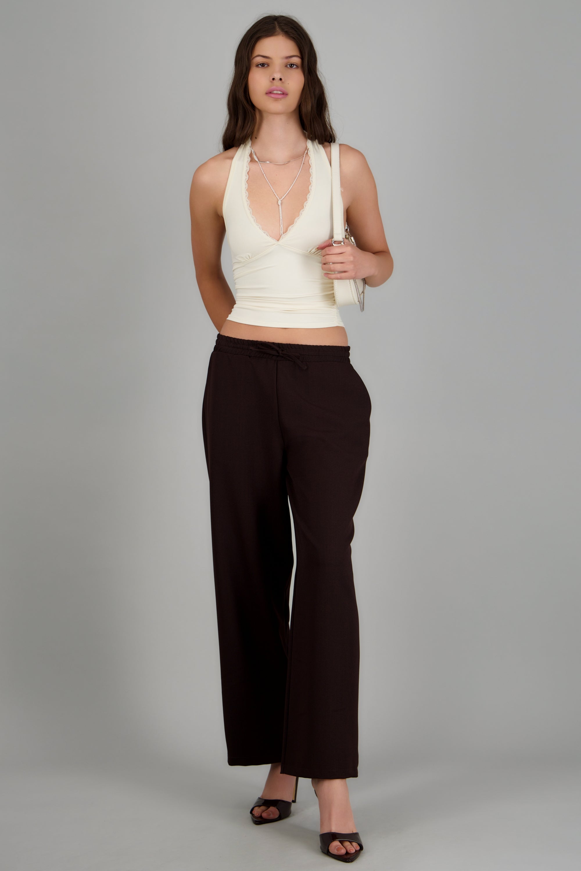 Pantalon wide leg detalle pretina CHOCOLATE