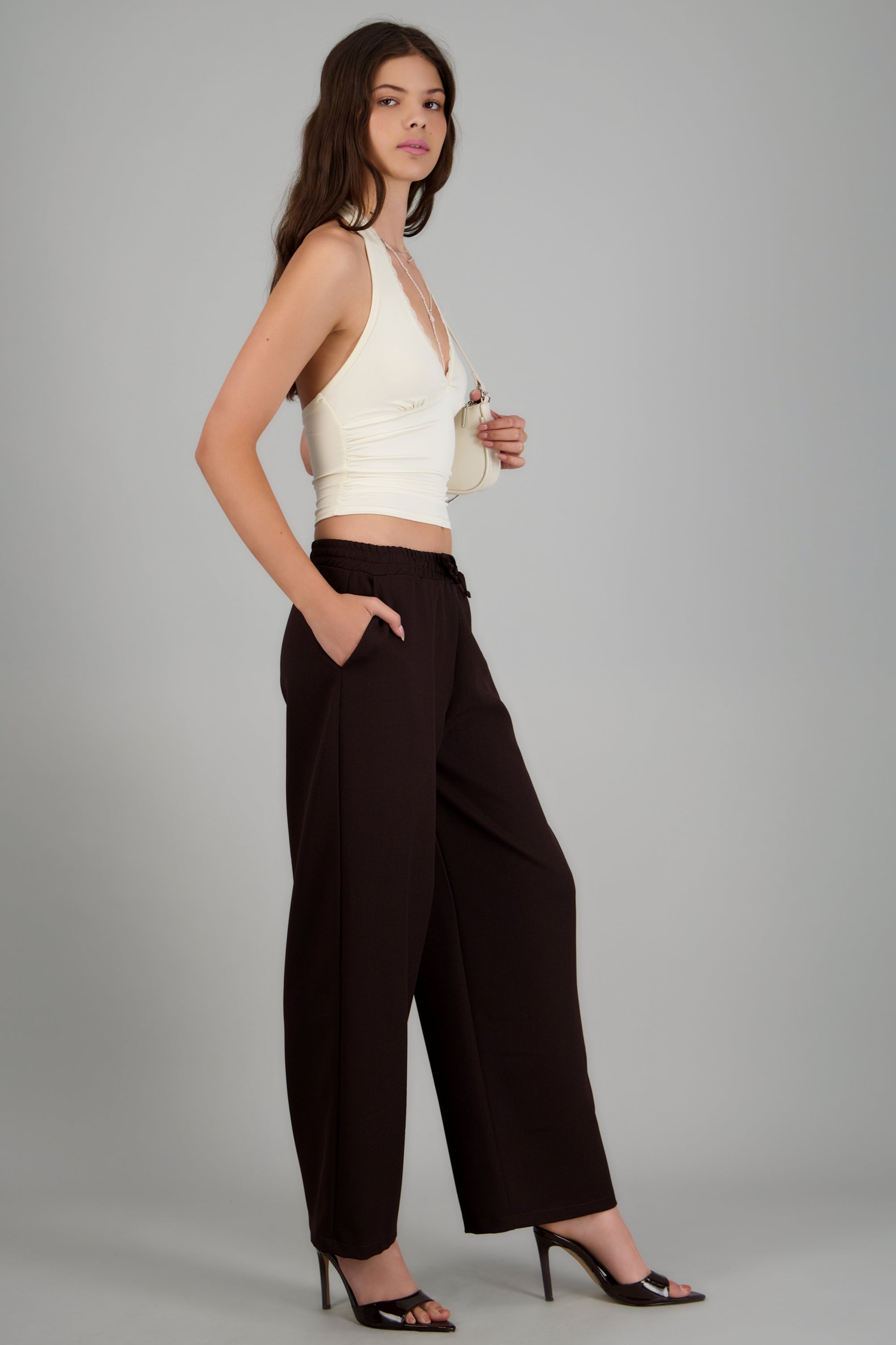 Pantalon wide leg detalle pretina CHOCOLATE