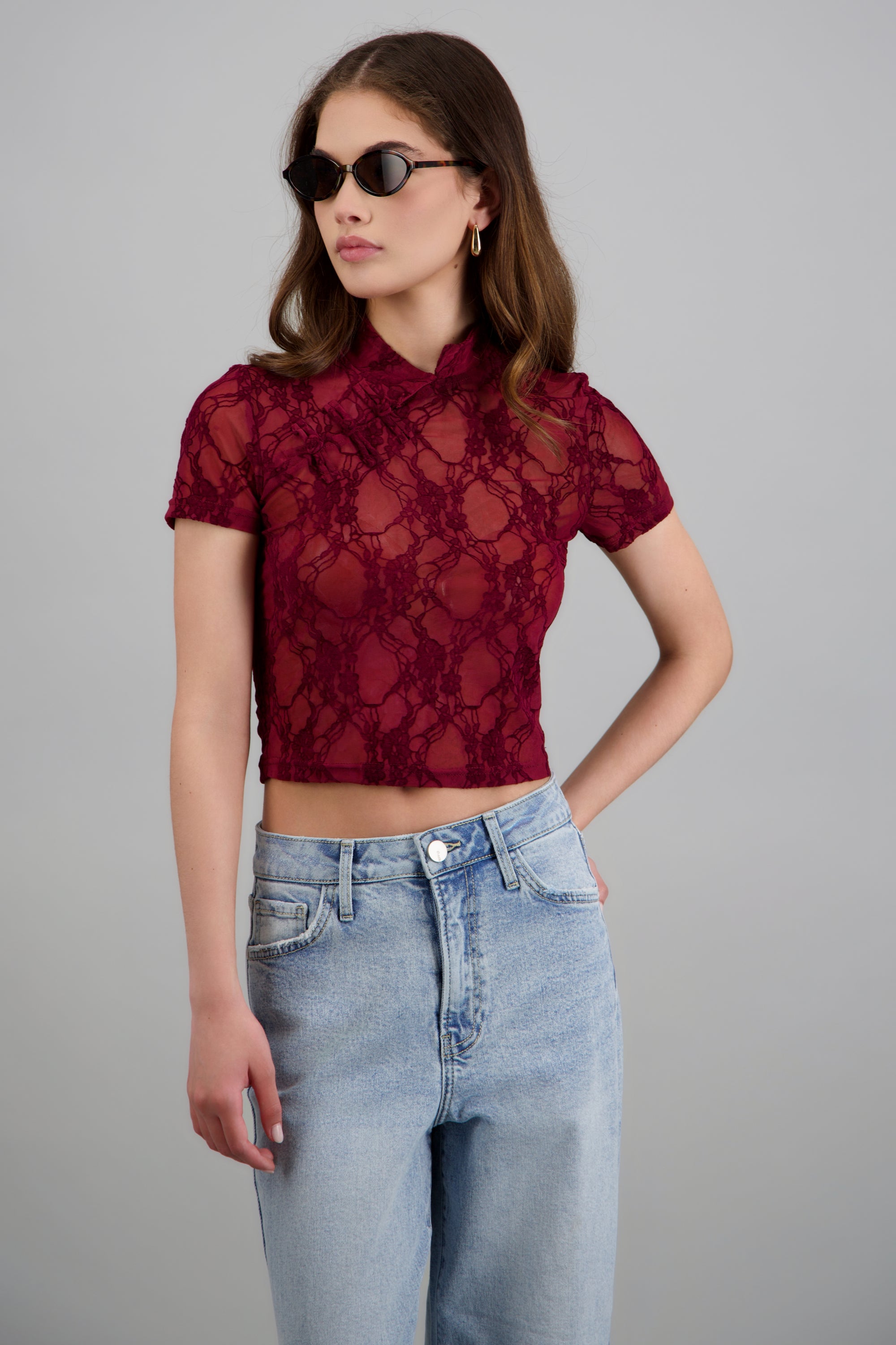Top mesh flock estilo Qipao VINO