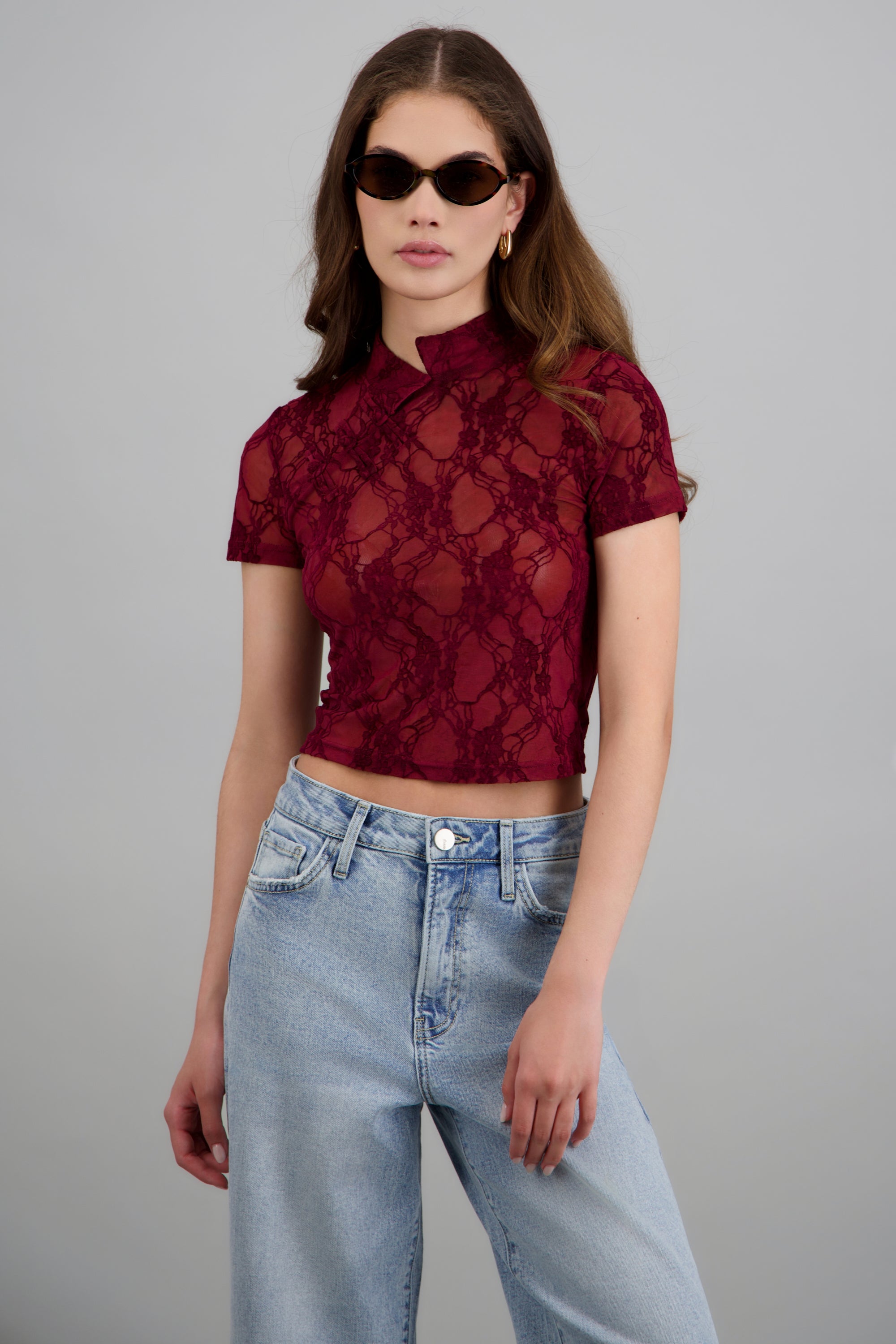 Top mesh flock estilo Qipao VINO
