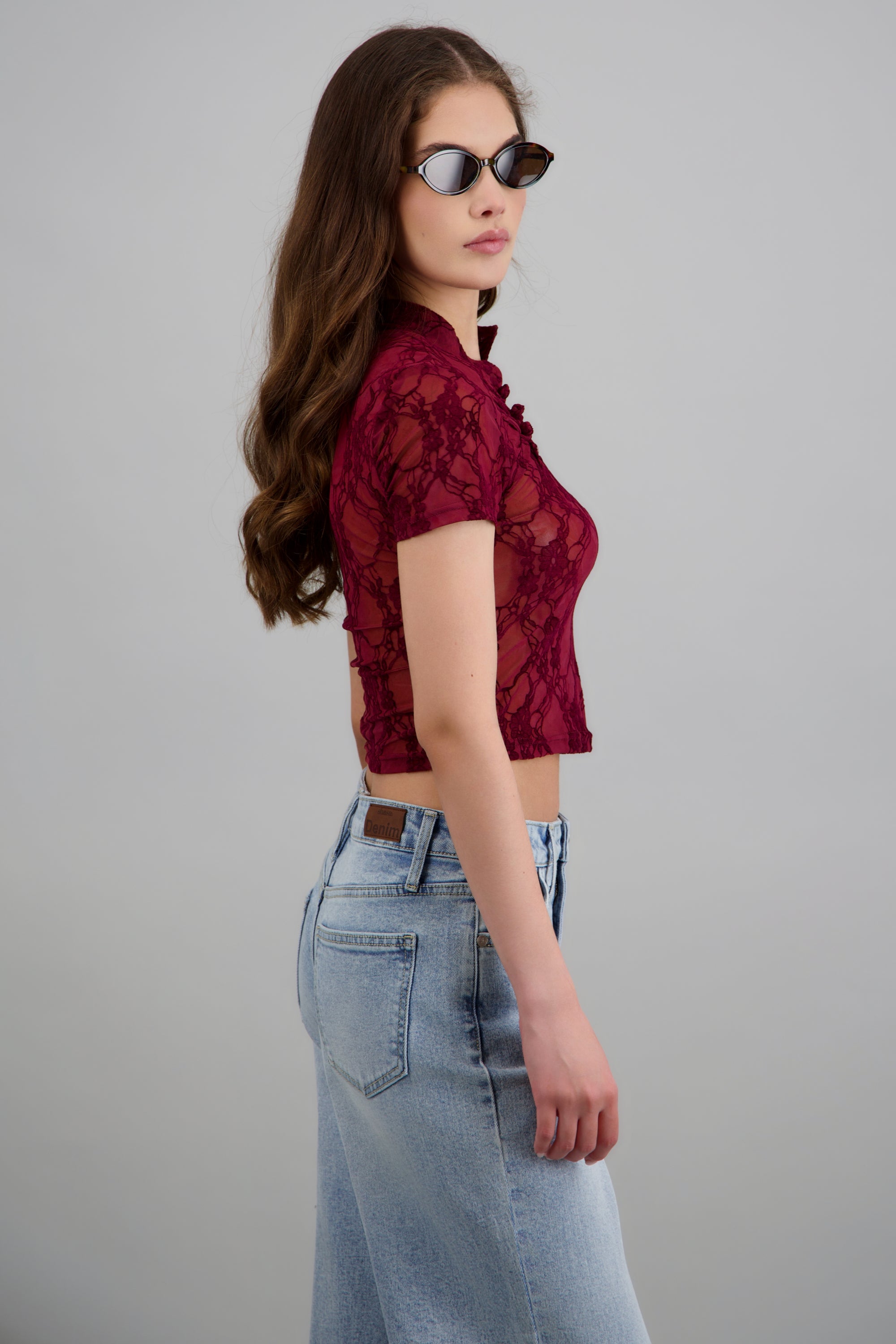 Top mesh flock estilo Qipao VINO