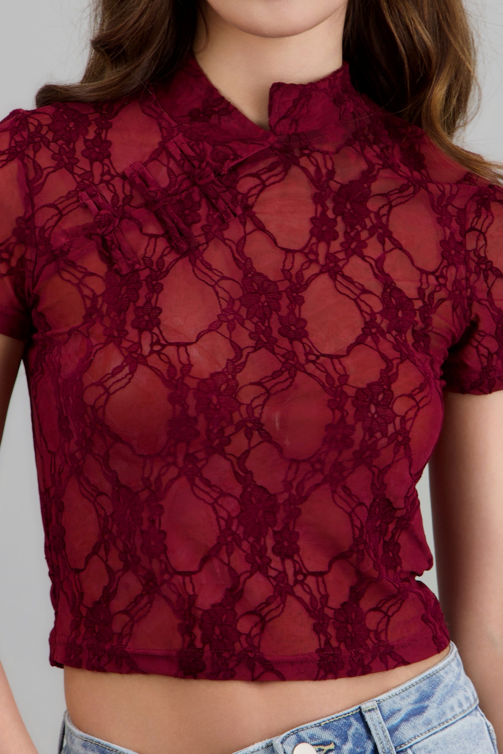 Top mesh flock estilo Qipao VINO