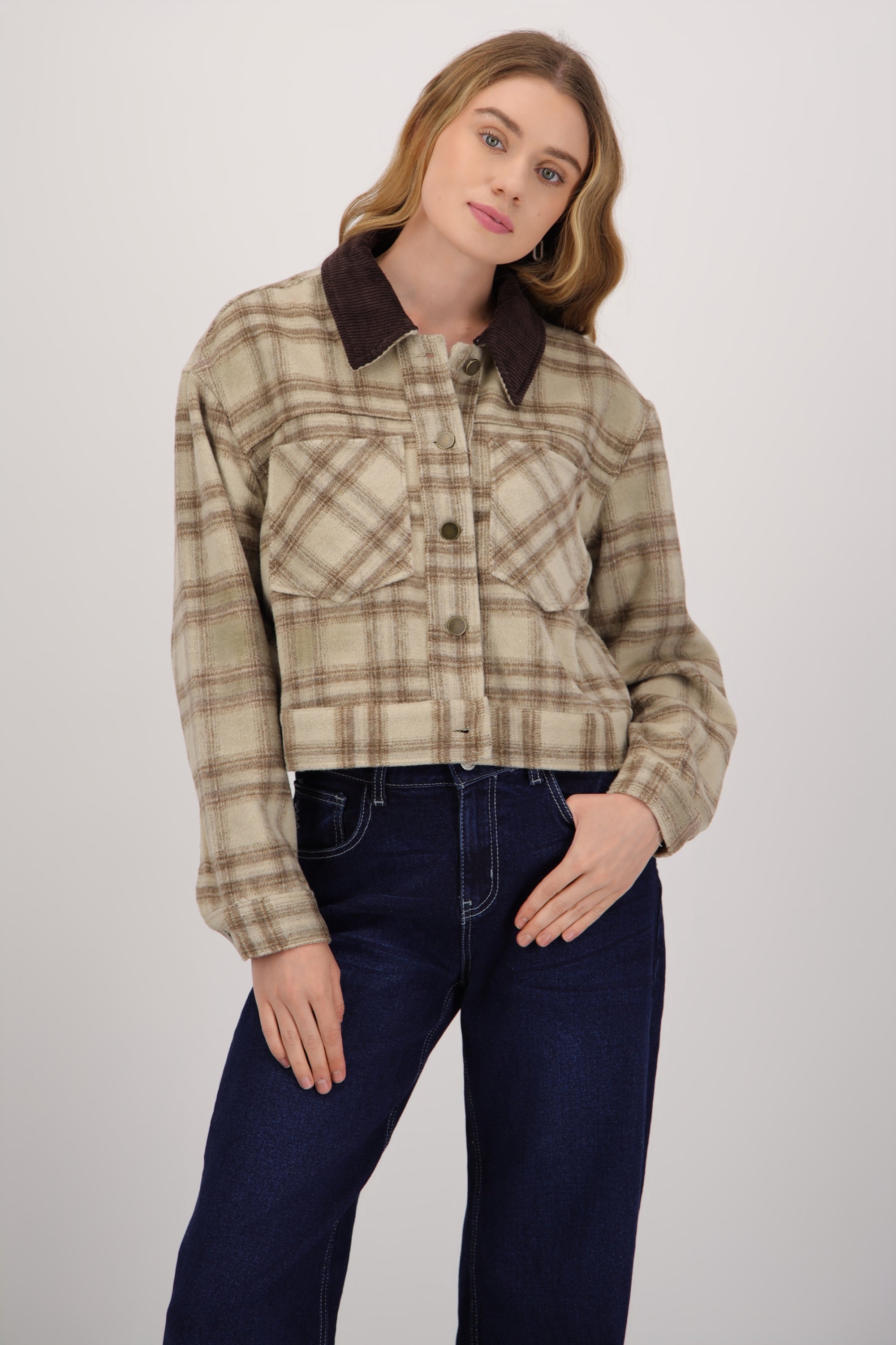 Bomber cuadros cuello contraste CREMA