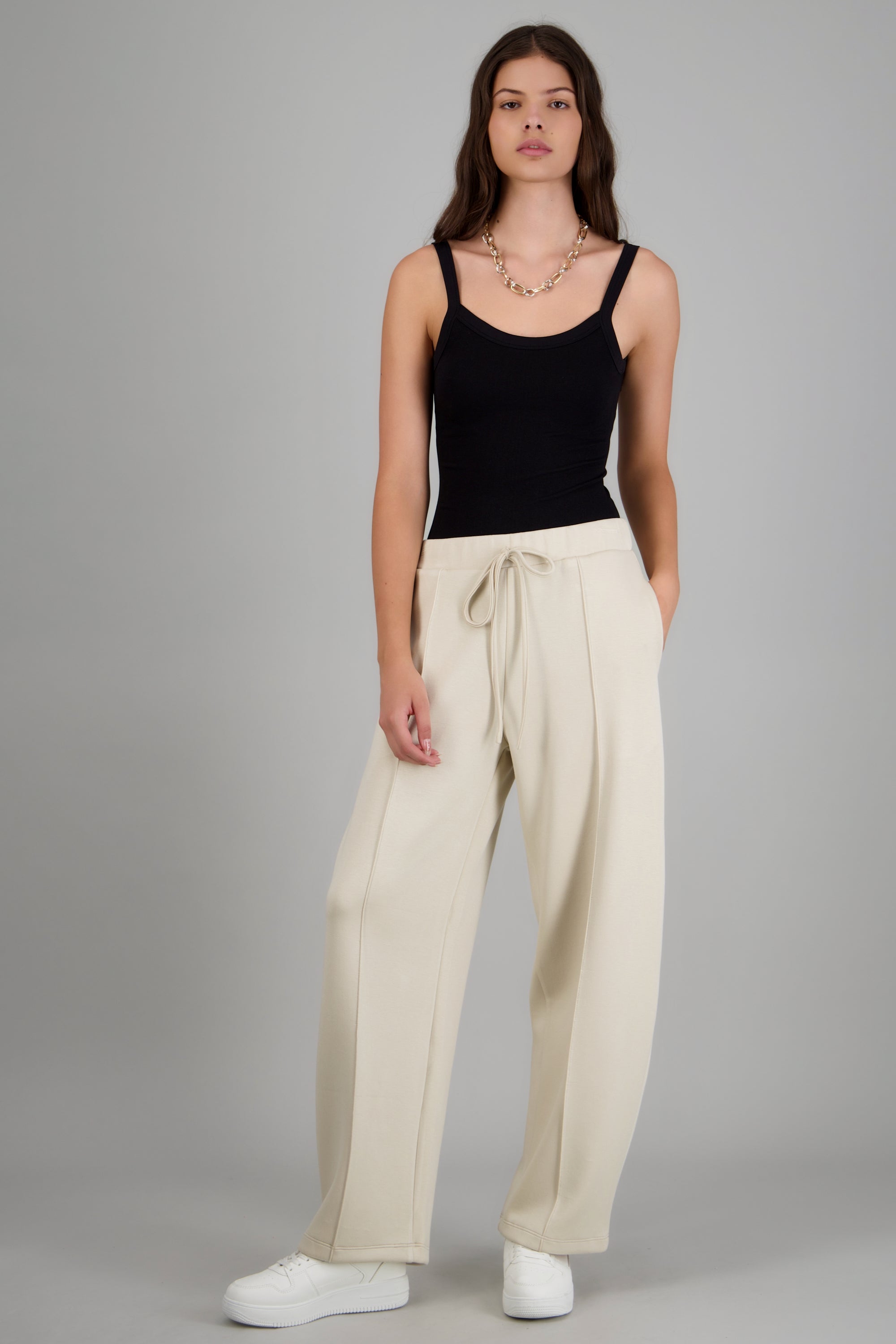 Pantalon recto modal detalle pretina HUESO