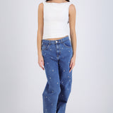Jeans wide leg estrellas bordadas