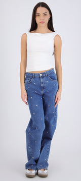 Jeans wide leg estrellas bordadas
