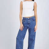 Jeans wide leg estrellas bordadas