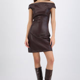 Vestido mini efecto piel cuello barco drapeado