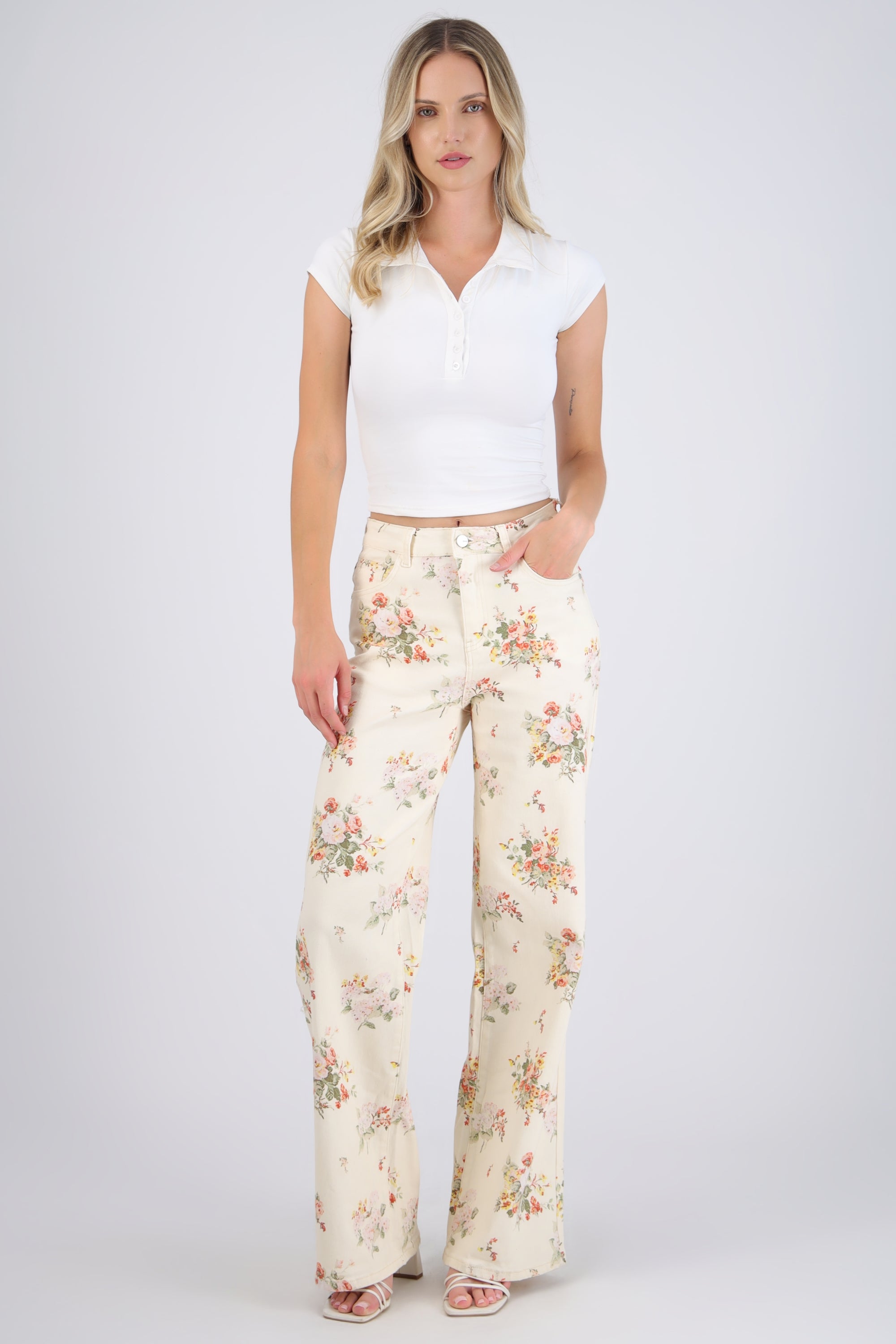 Jeans wide leg print flores