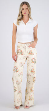 Jeans wide leg print flores