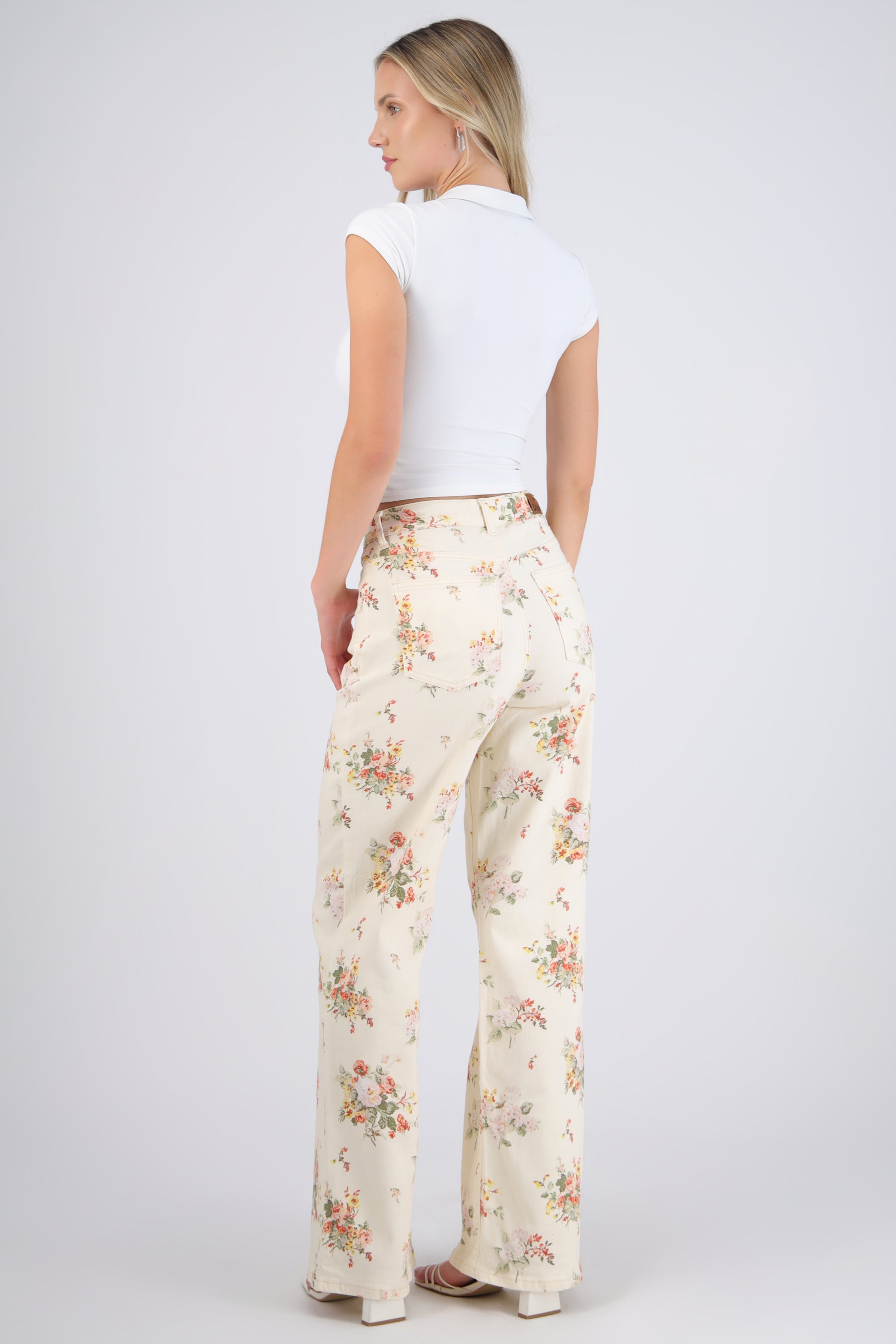 Jeans wide leg print flores