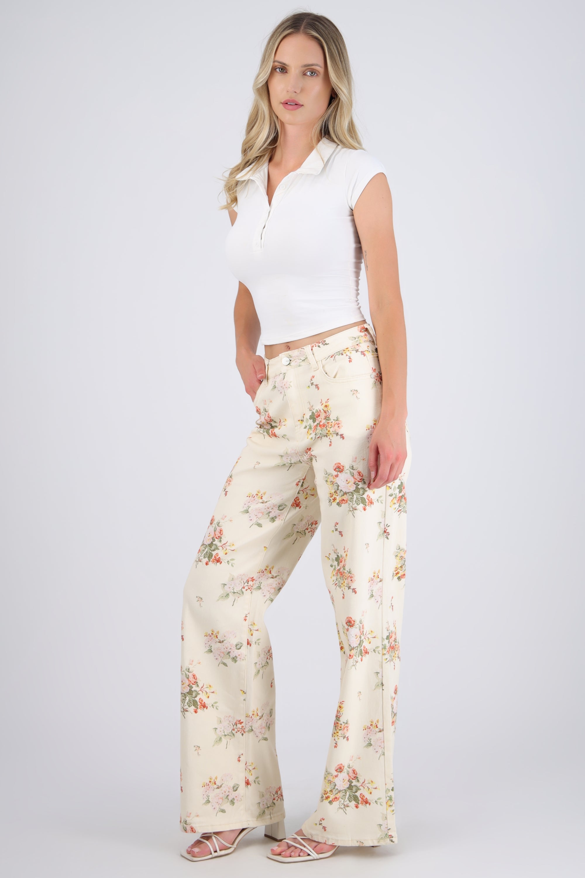 Jeans wide leg print flores