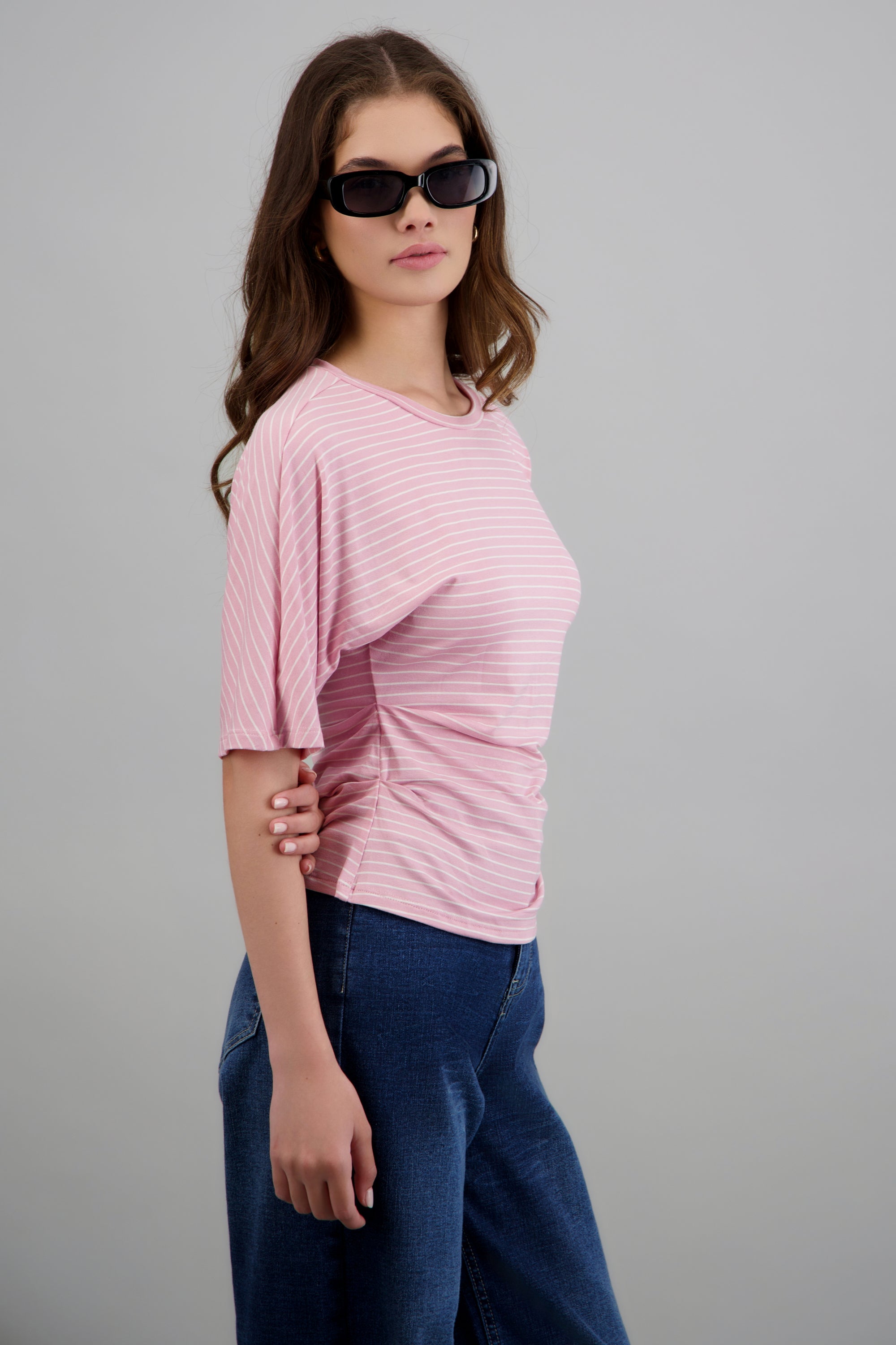 top de punto rayas con silueta definida ROSA COMBO