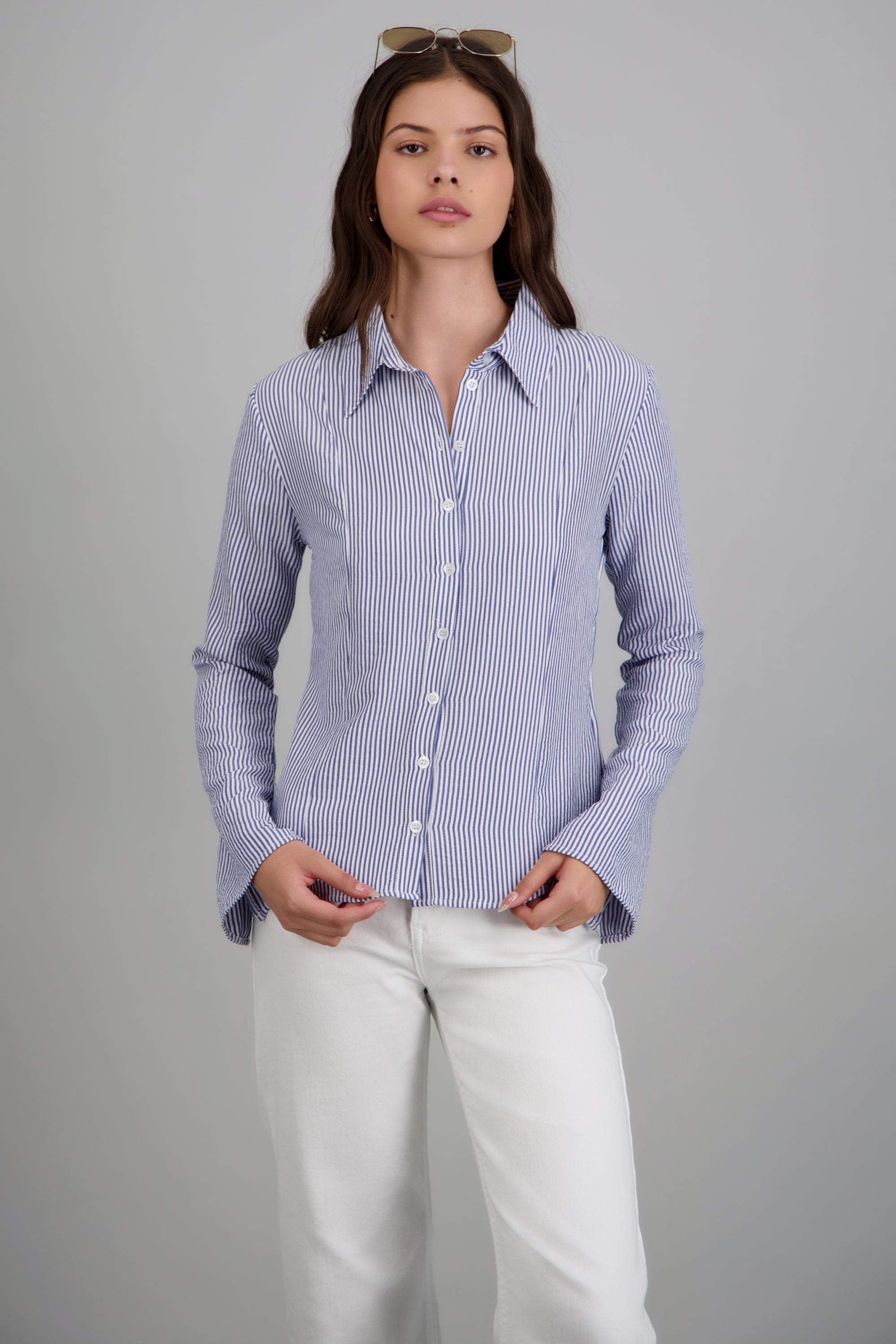 Camisa rayada detalle mangas amplias AZUL COMBO