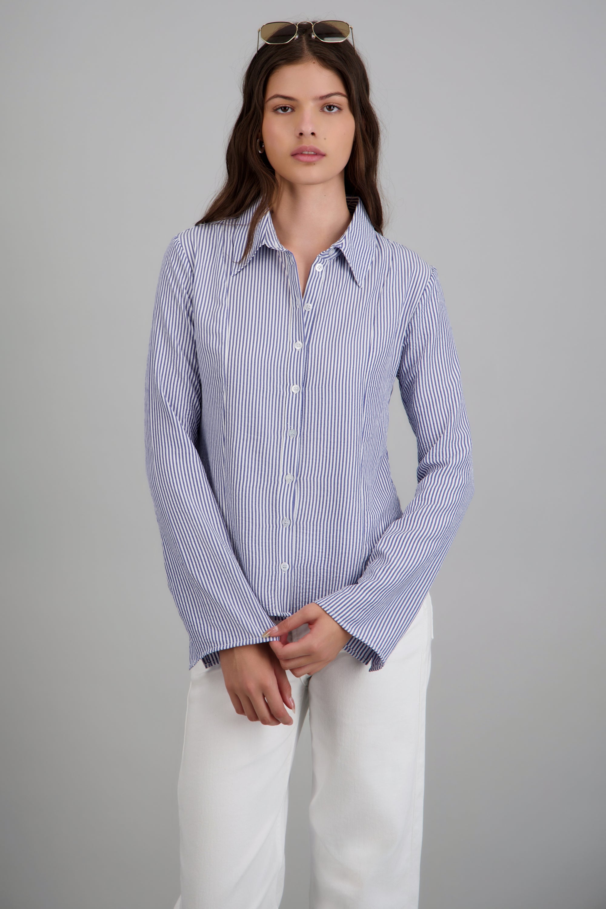 Camisa rayada detalle mangas amplias AZUL COMBO