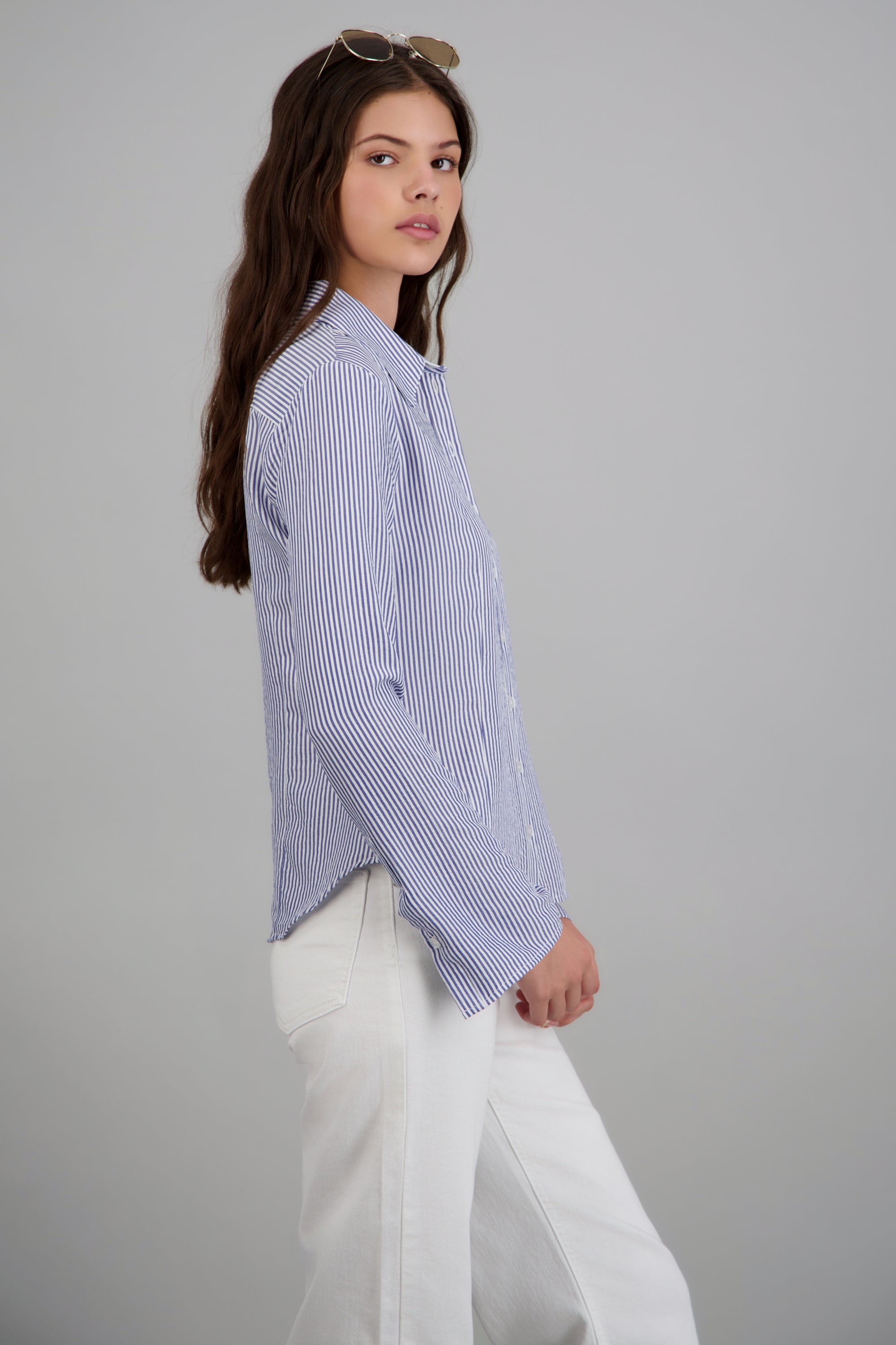 Camisa rayada detalle mangas amplias AZUL COMBO