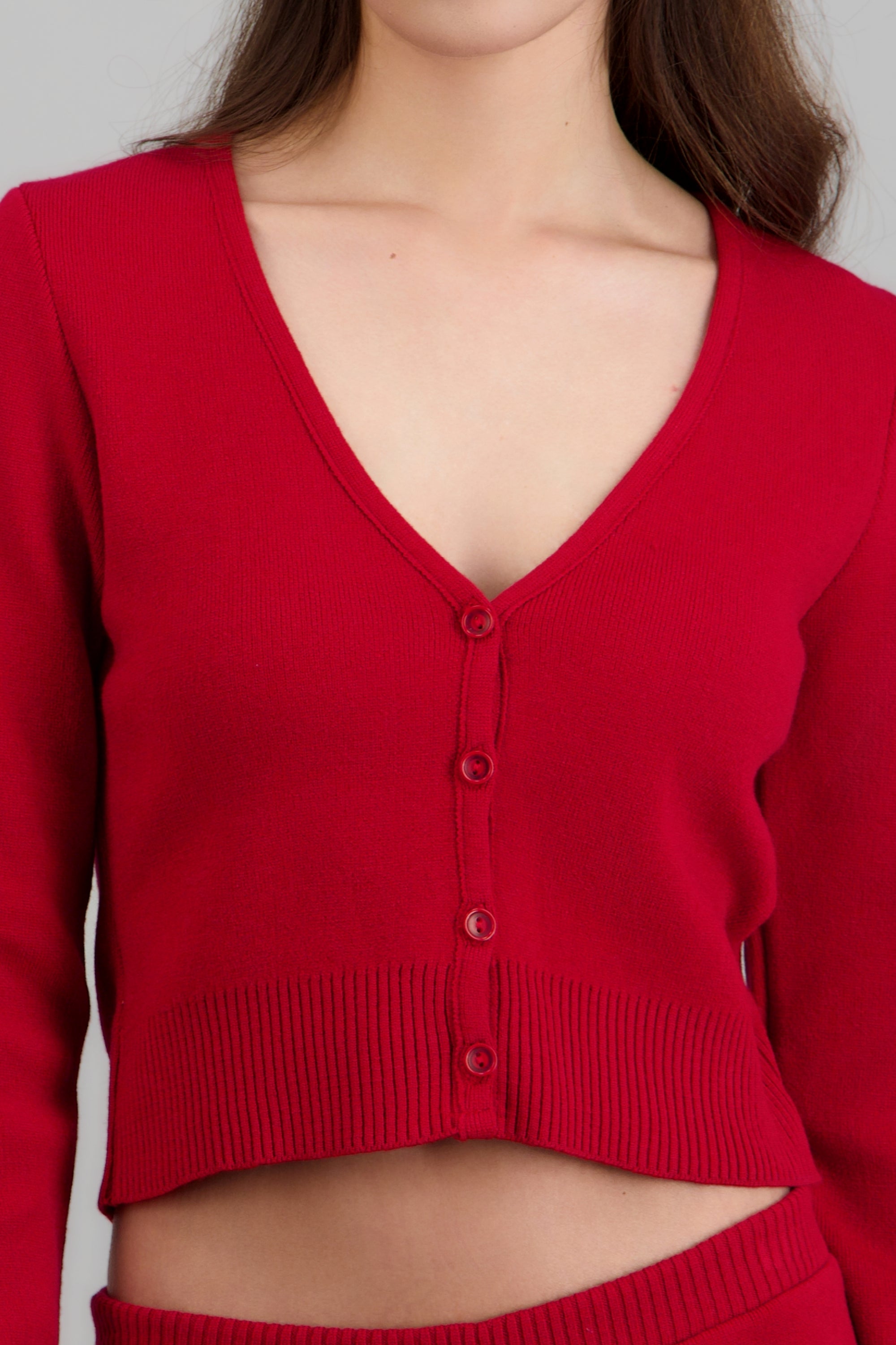 Cardigan cuello V detalle pretina ROJO