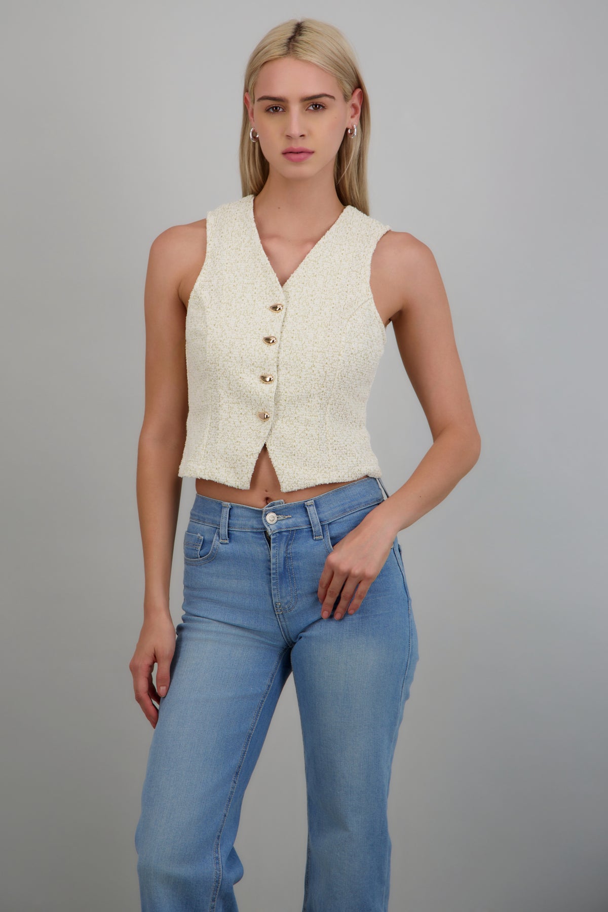 Top tipo chaleco tweed con botones HUESO COMBO