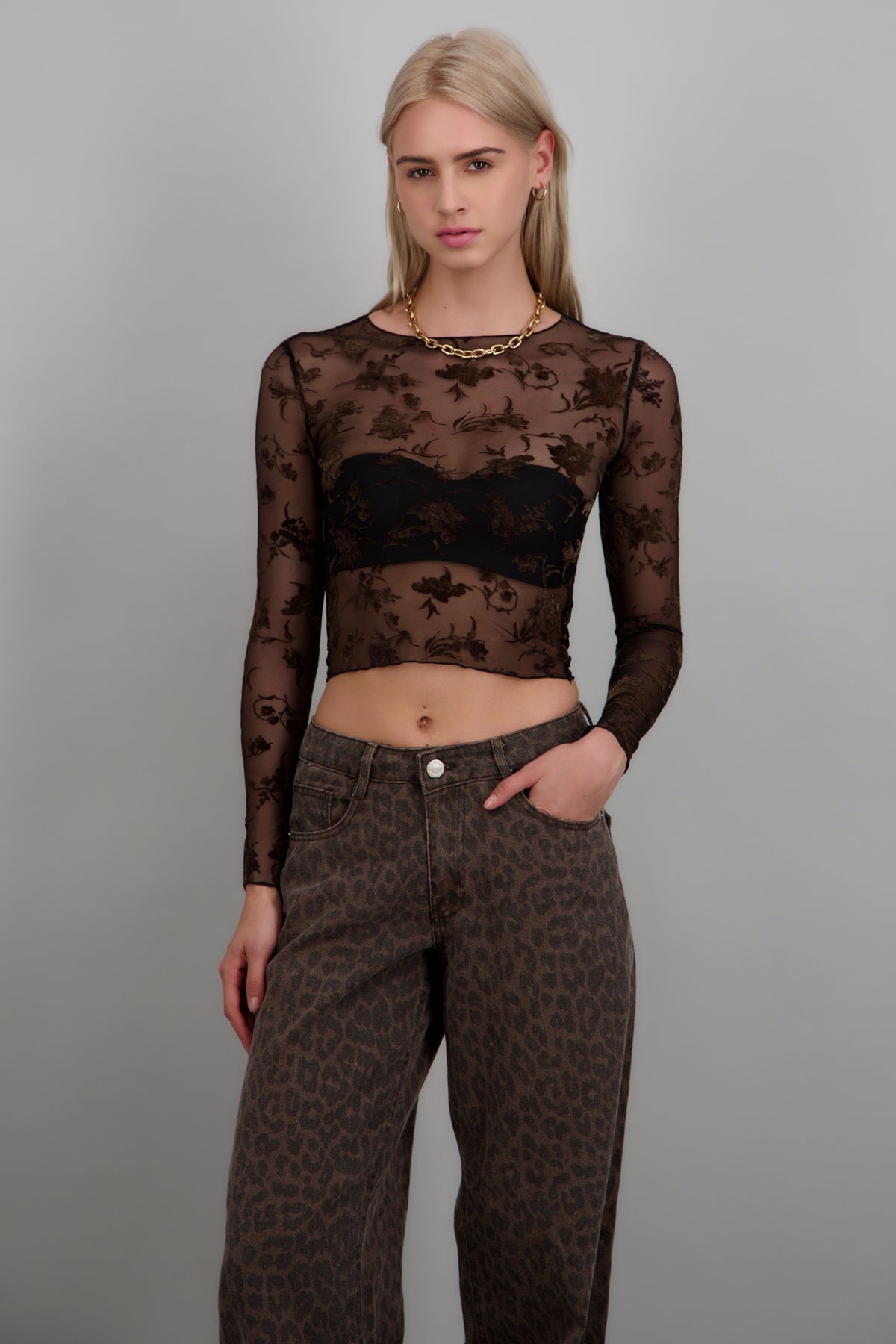 Top mesh flock brilloso transparente NEGRO