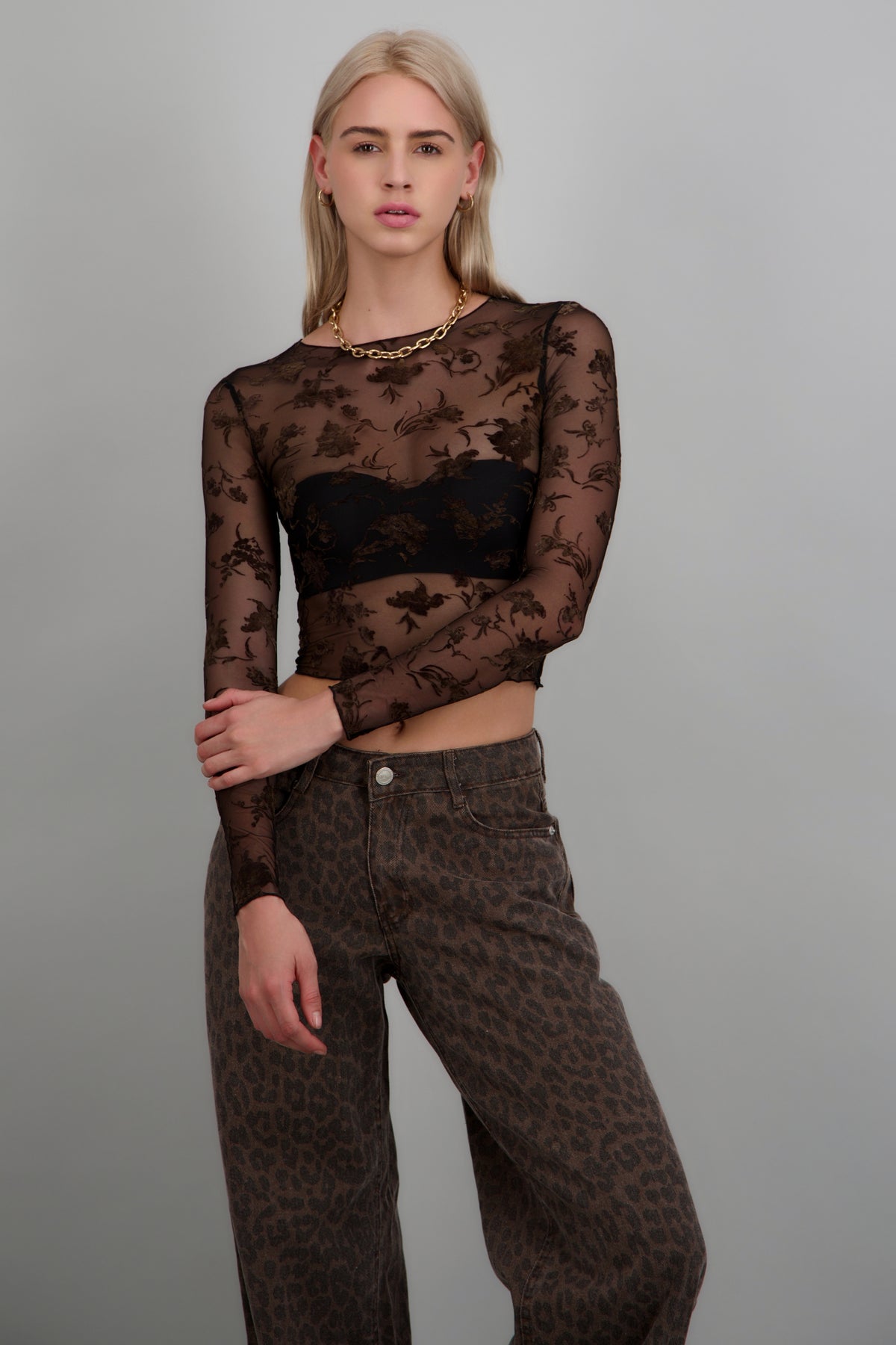 Top mesh flock brilloso transparente NEGRO
