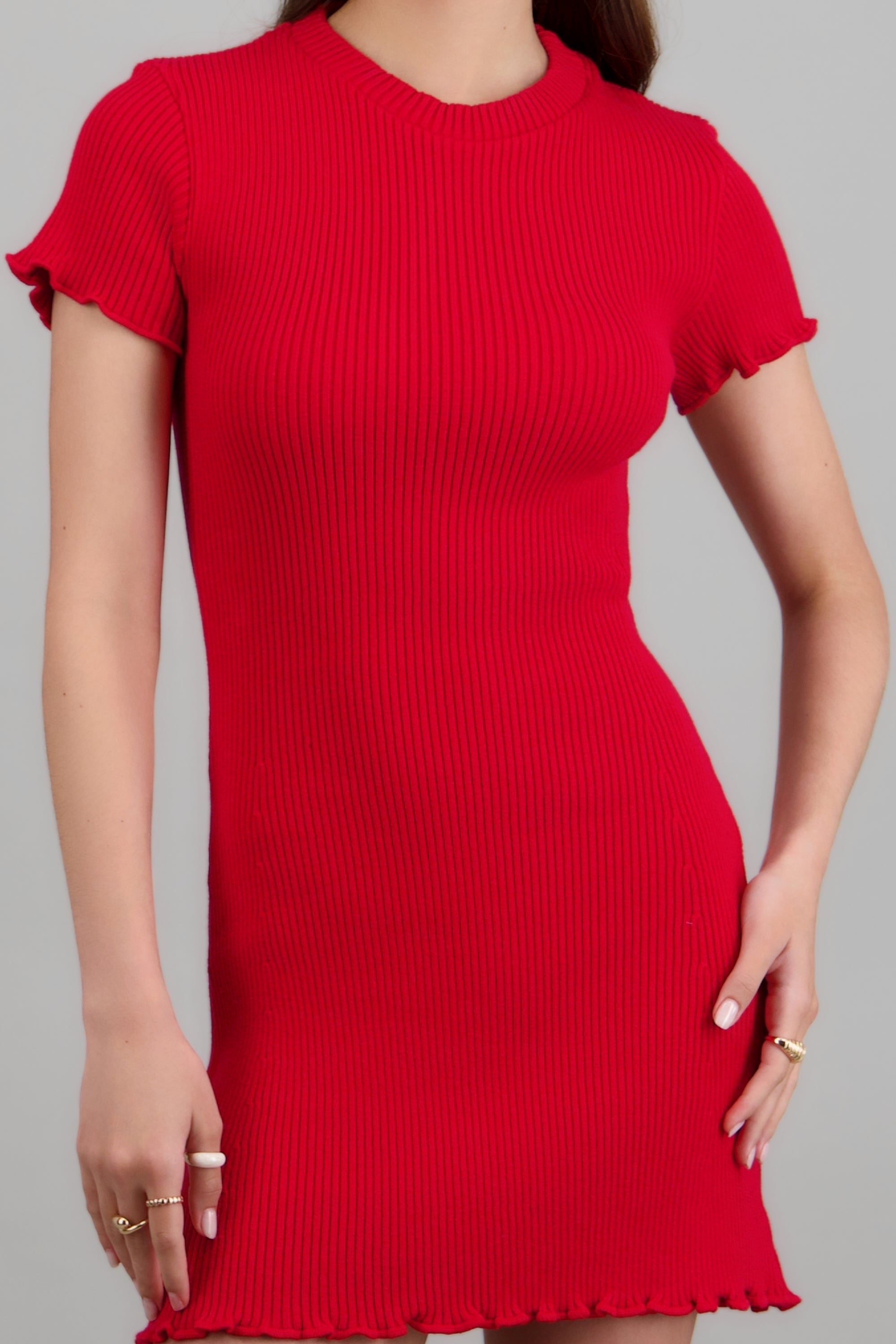 Vestido manga corta detalle merrow ROJO