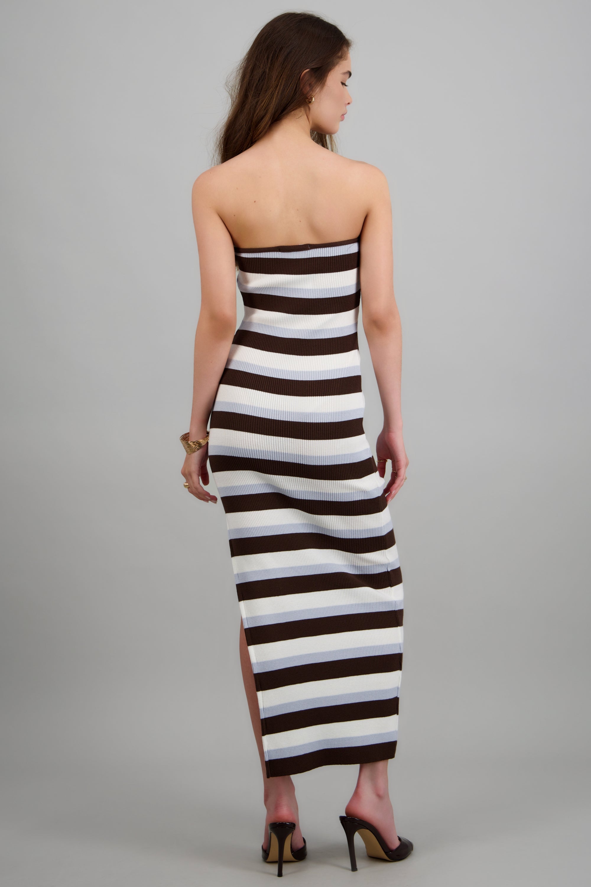Vestido maxi strapless líneas AZUL COMBO