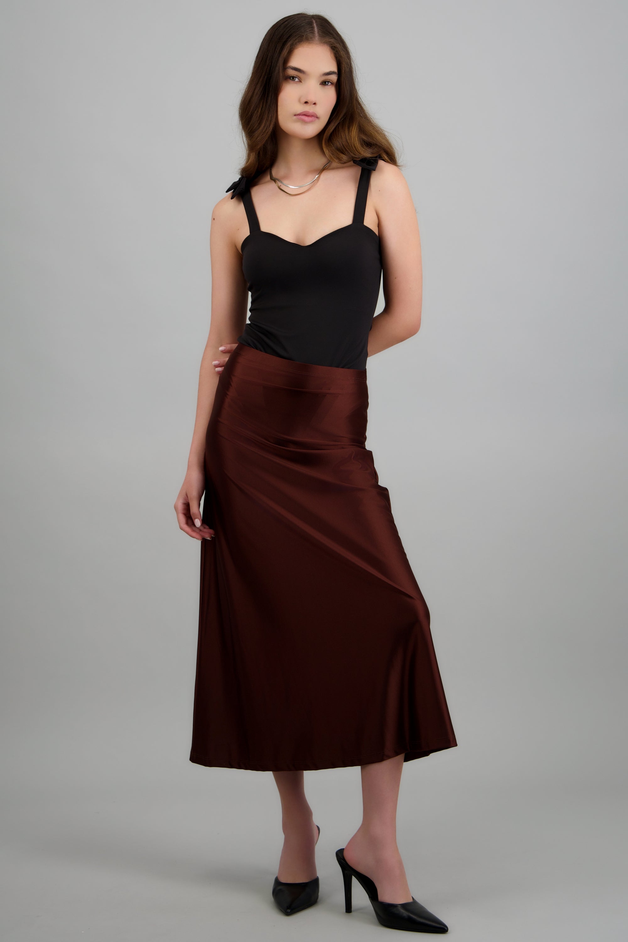 Falda midi lisa stretch CHOCOLATE