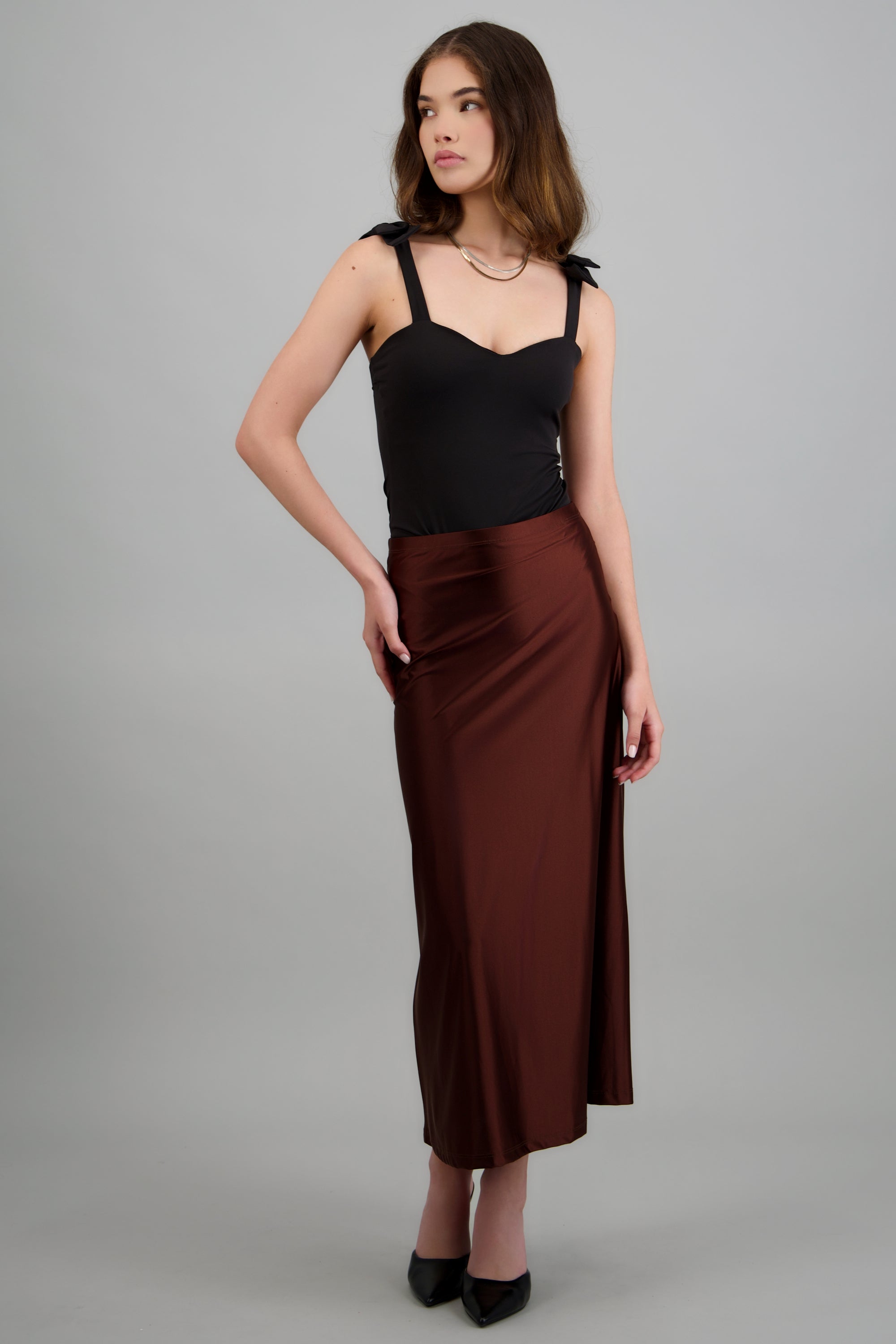 Falda midi lisa stretch CHOCOLATE