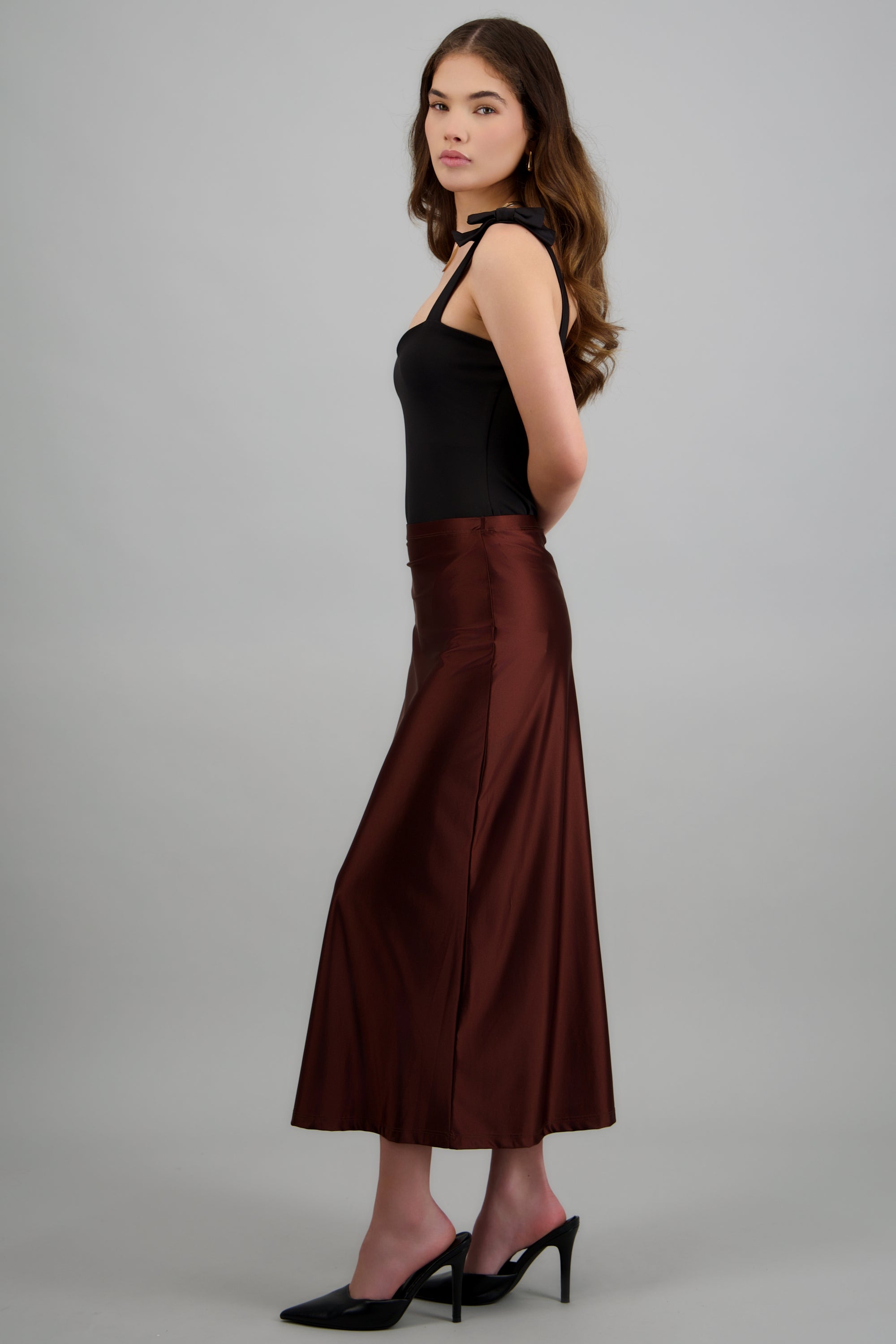 Falda midi lisa stretch CHOCOLATE