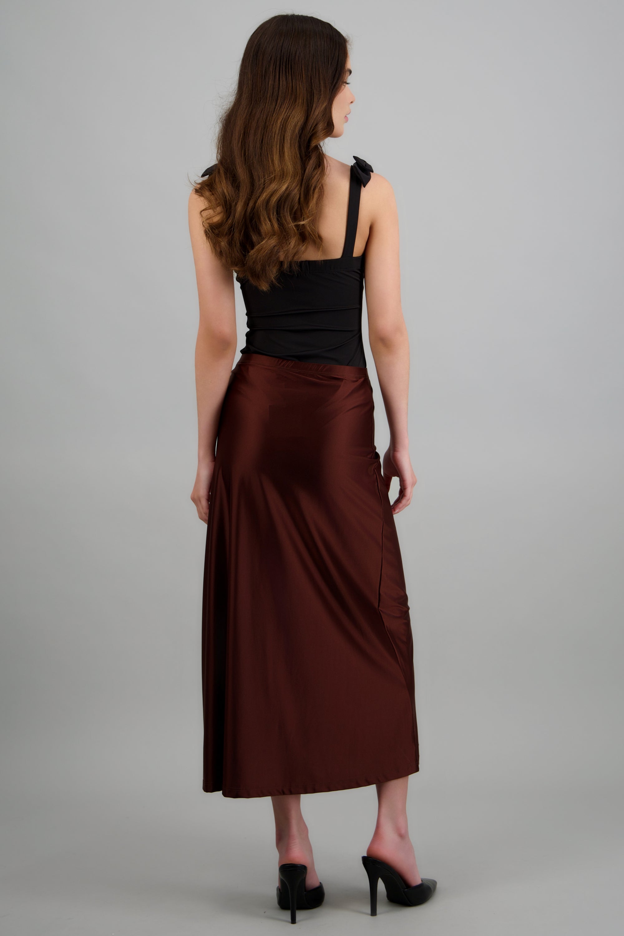 Falda midi lisa stretch CHOCOLATE