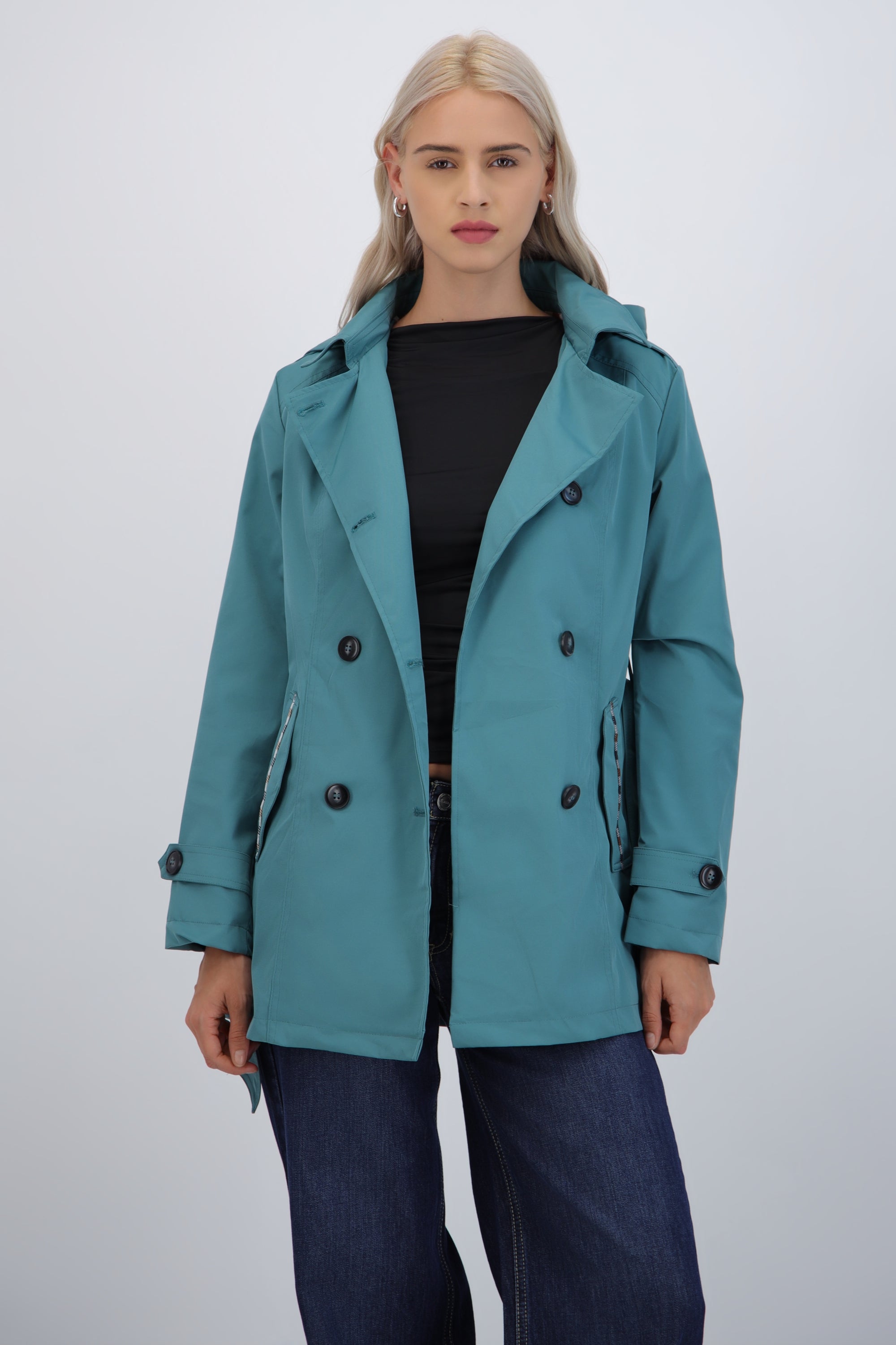 Trench con botones detalle cuadros AZUL