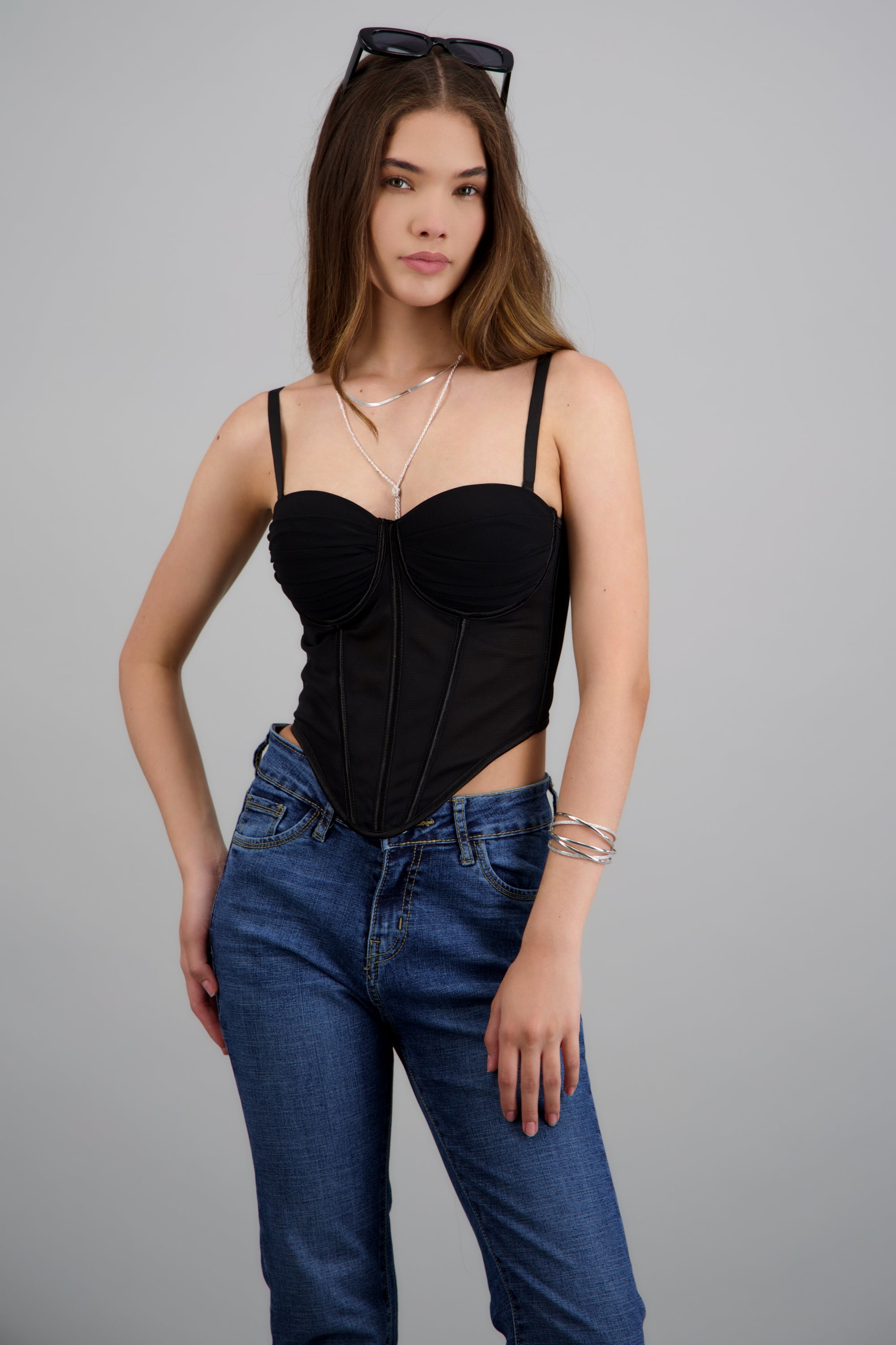 Corset de mesh strapless copas drapeadas NEGRO