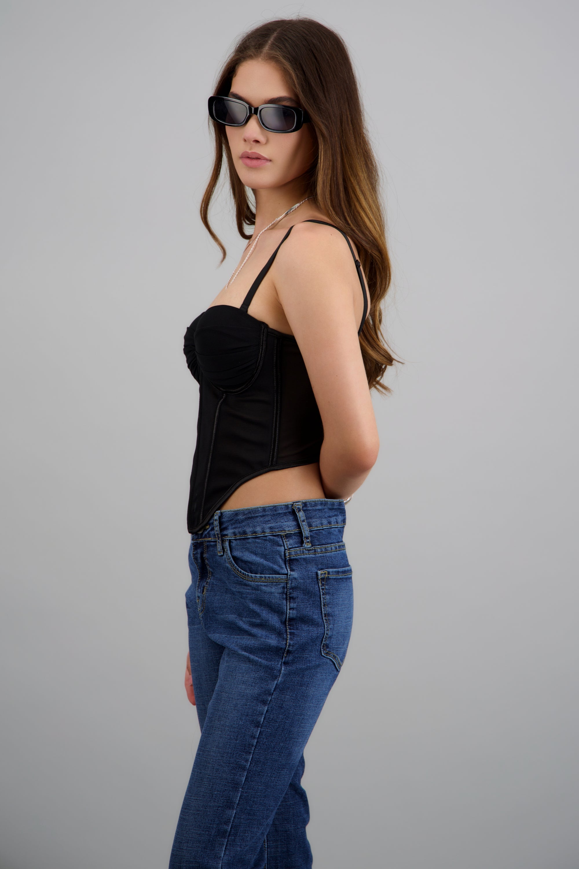 Corset de mesh strapless copas drapeadas NEGRO