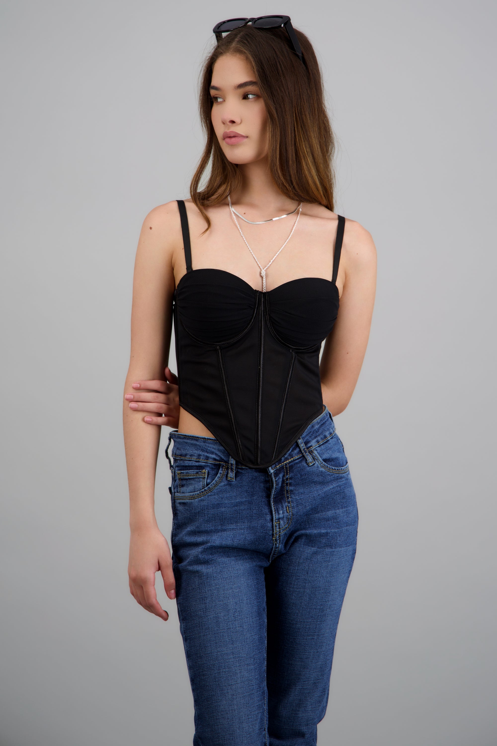 Corset de mesh strapless copas drapeadas NEGRO