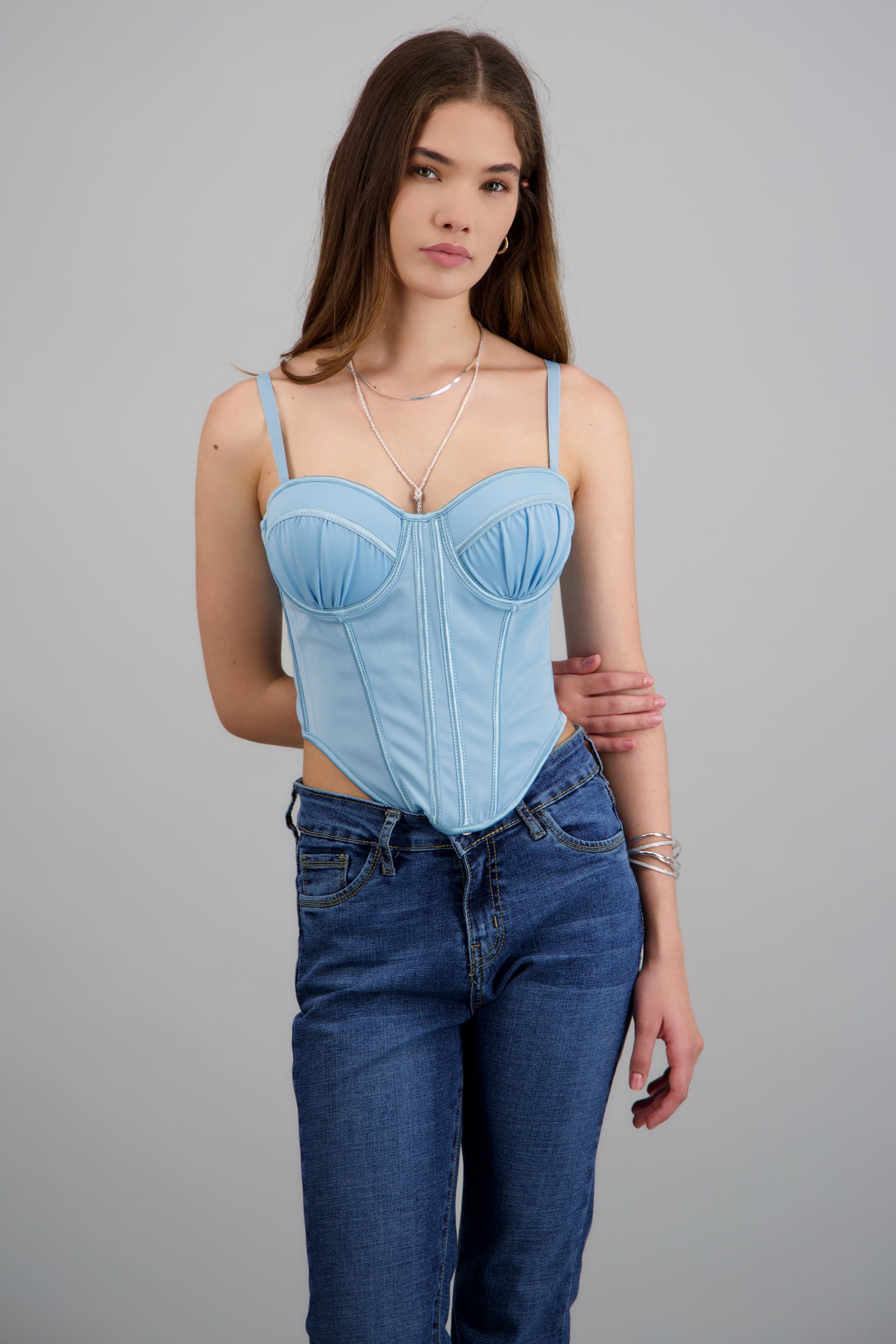 Corset de licra strapless drapeado AZUL PASTEL
