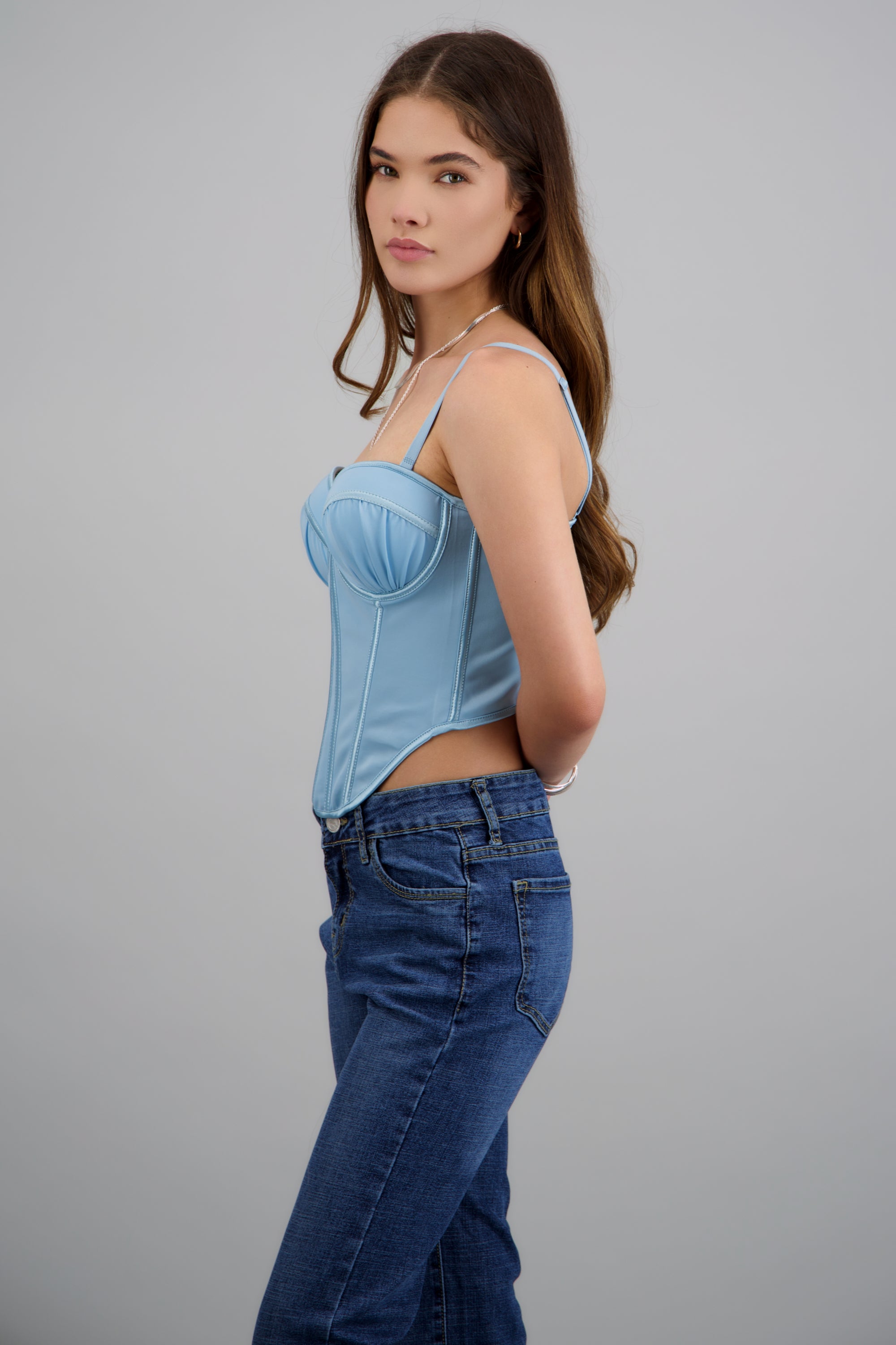 Corset de licra strapless drapeado AZUL PASTEL
