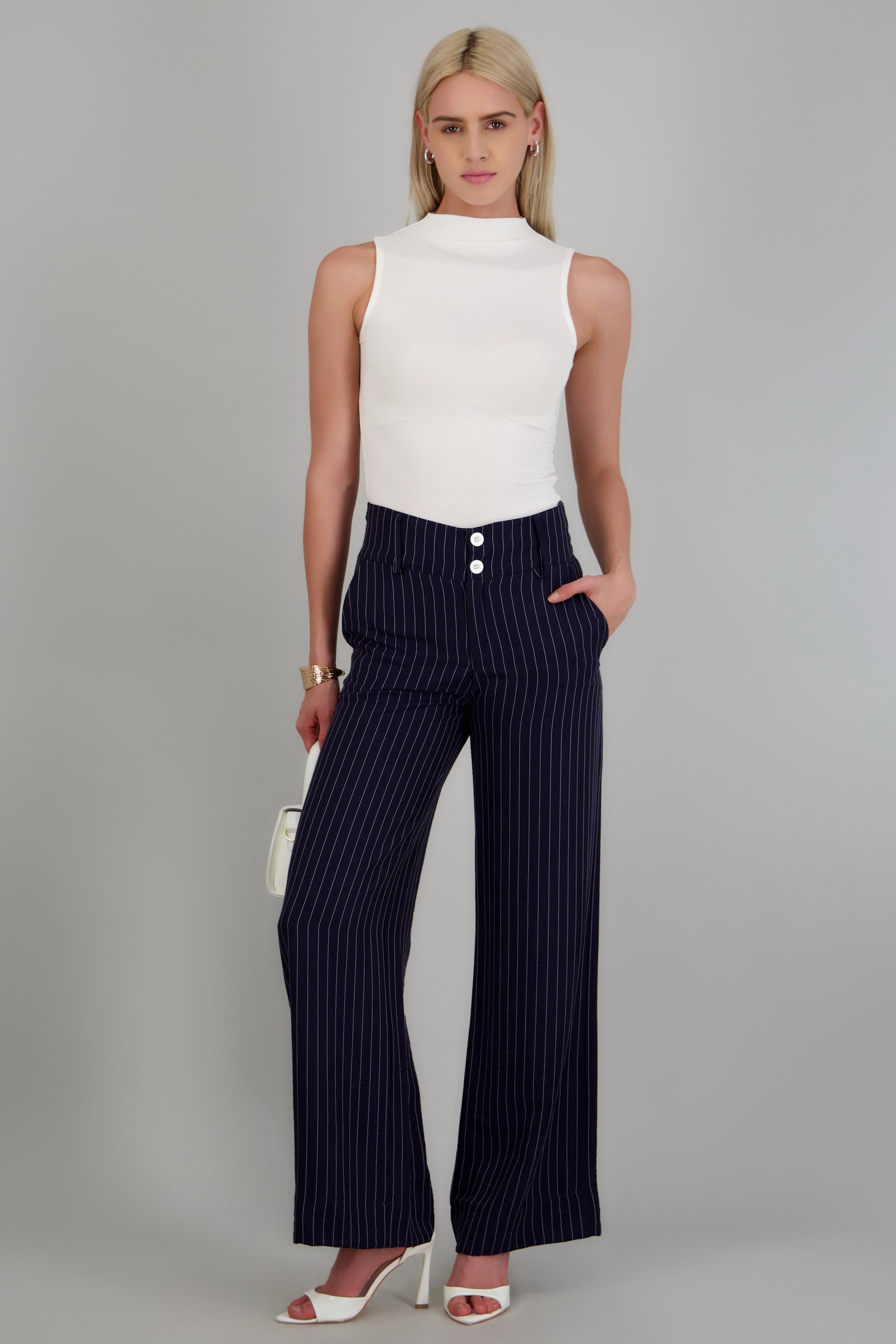 Pantalon recto detalle pretina ancha rayas MARINO