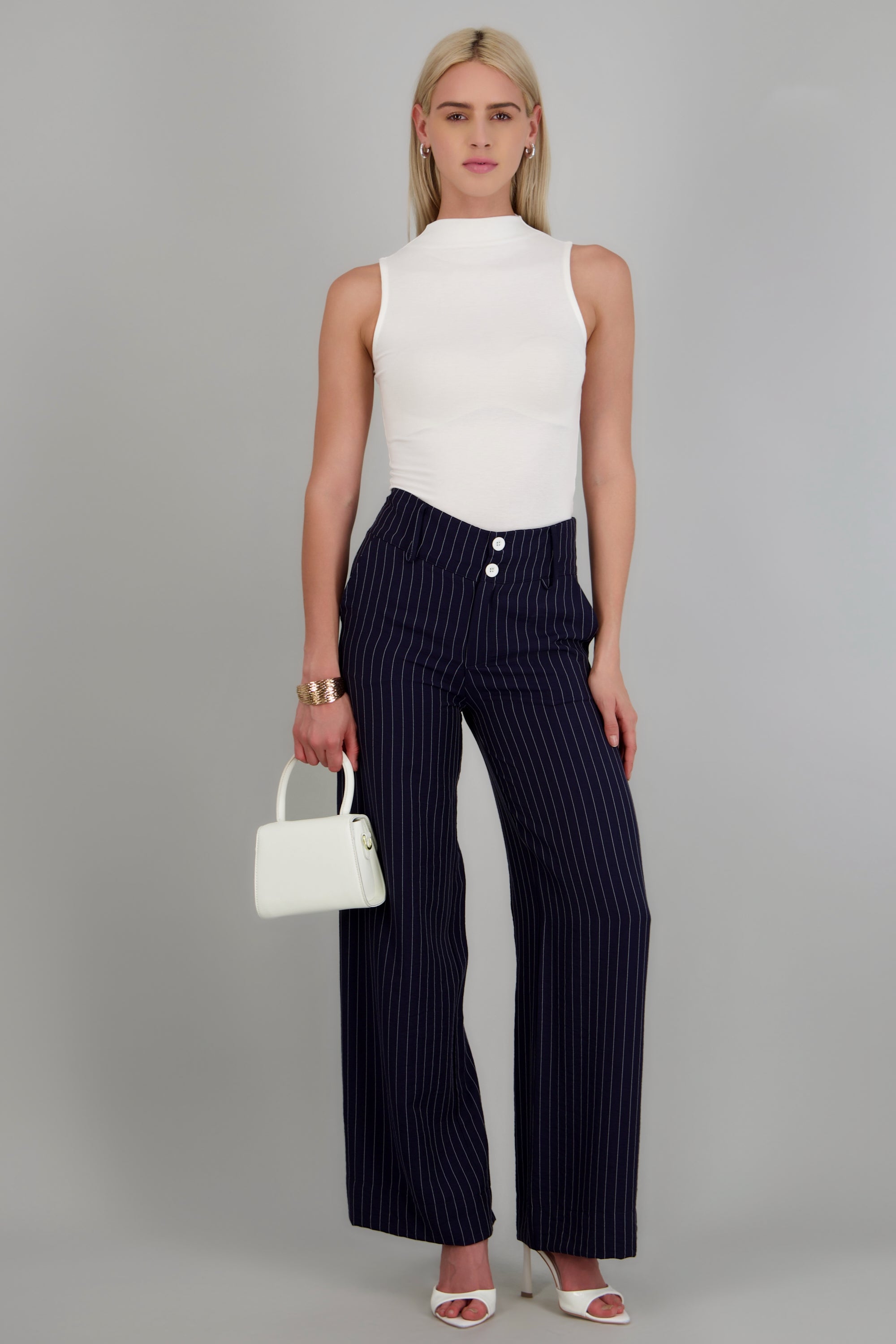 Pantalon recto detalle pretina ancha rayas MARINO