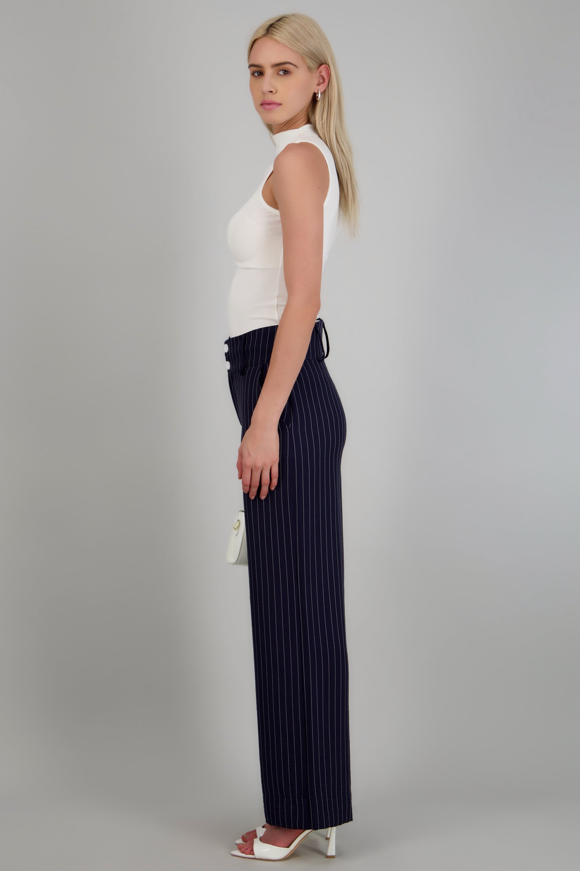 Pantalon recto detalle pretina ancha rayas MARINO