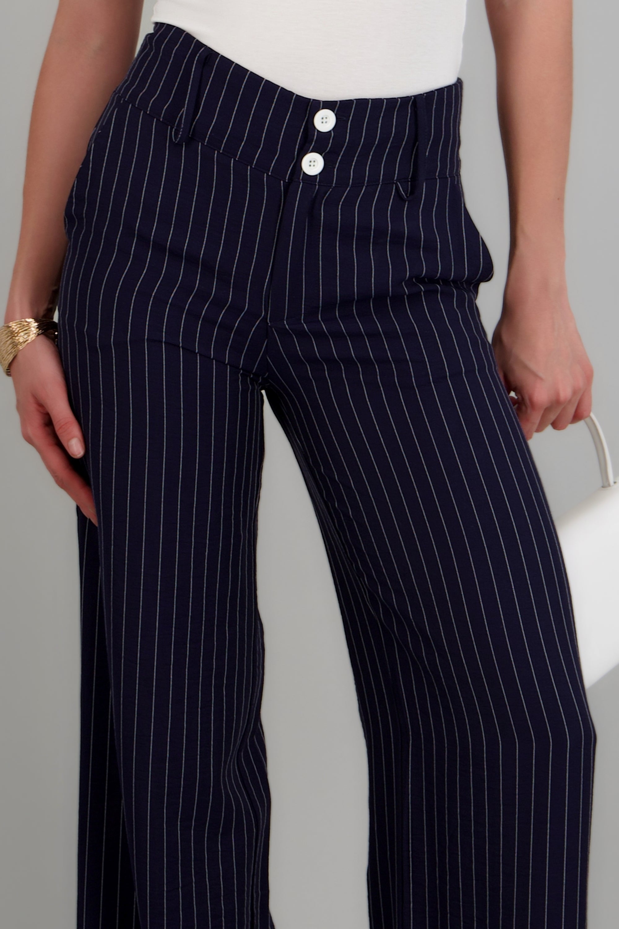 Pantalon recto detalle pretina ancha rayas MARINO