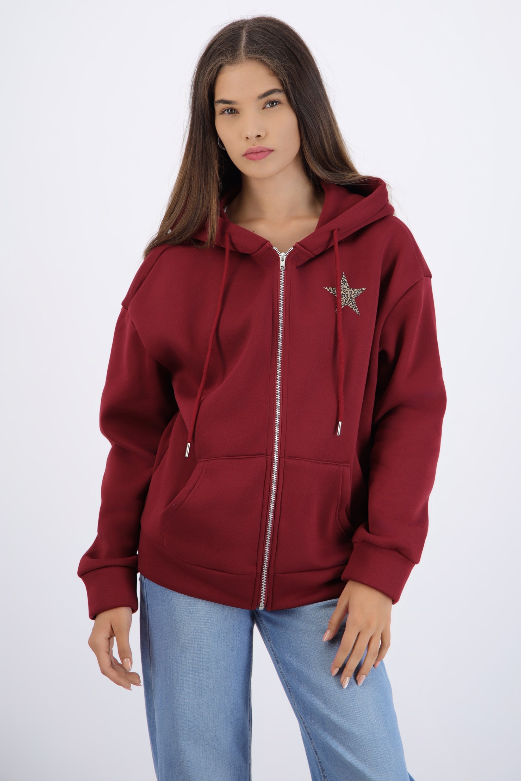 Chamarra estampado estrella animal print VINO