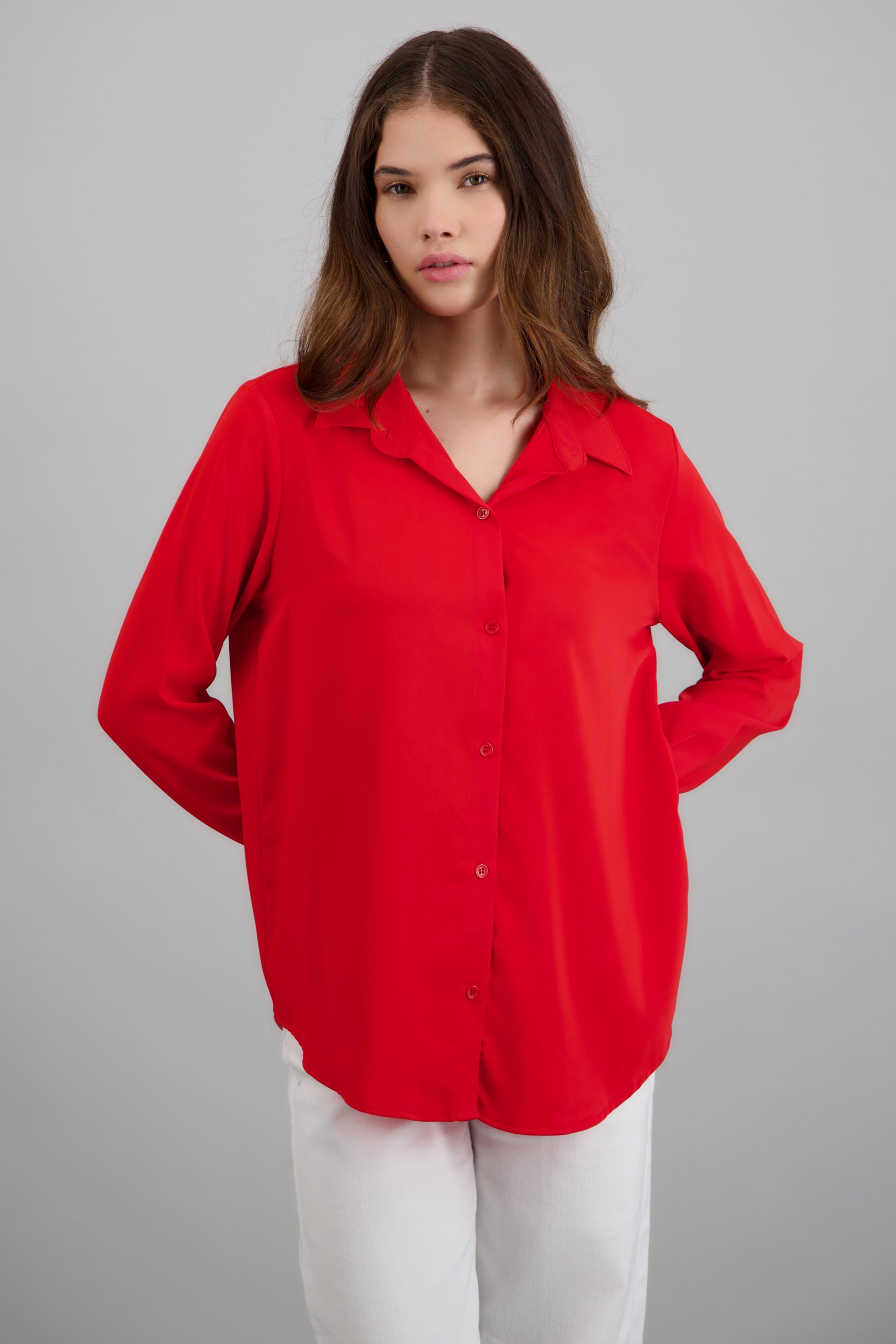 Camisa lisa manga larga botones ROJO