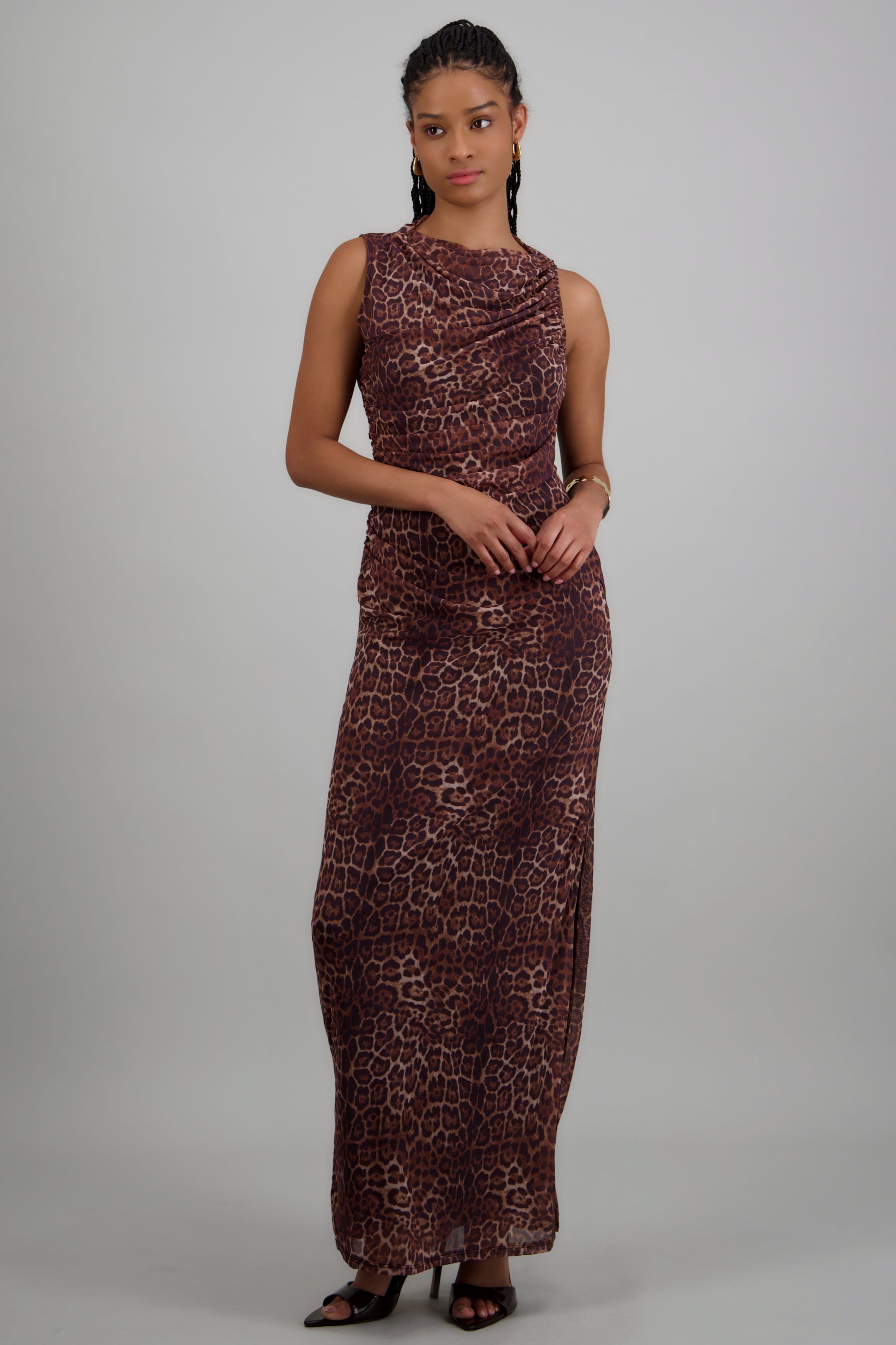 Vestido maxi mesh drapeado leopardo CAFE COMBO