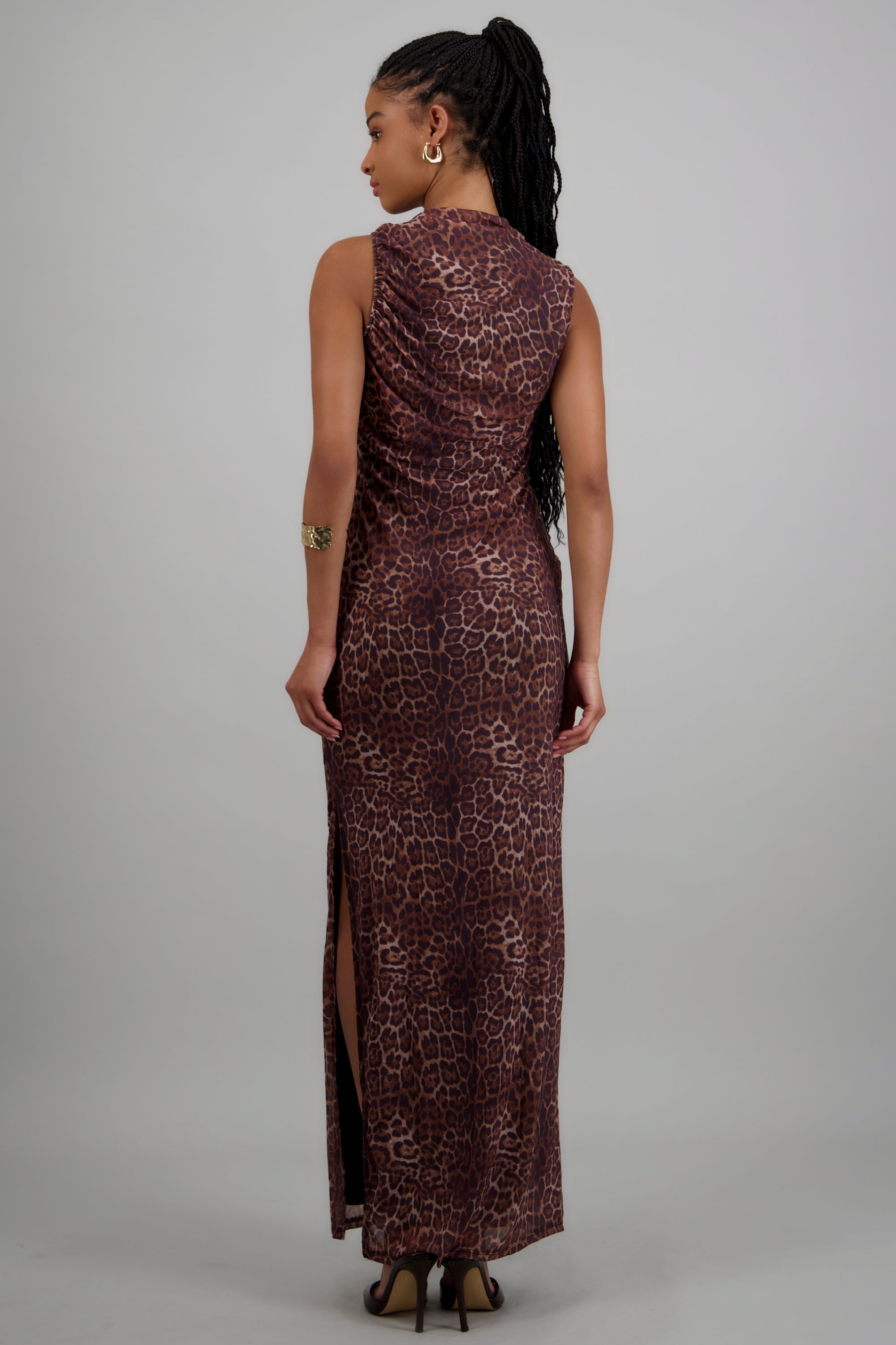 Vestido maxi mesh drapeado leopardo CAFE COMBO