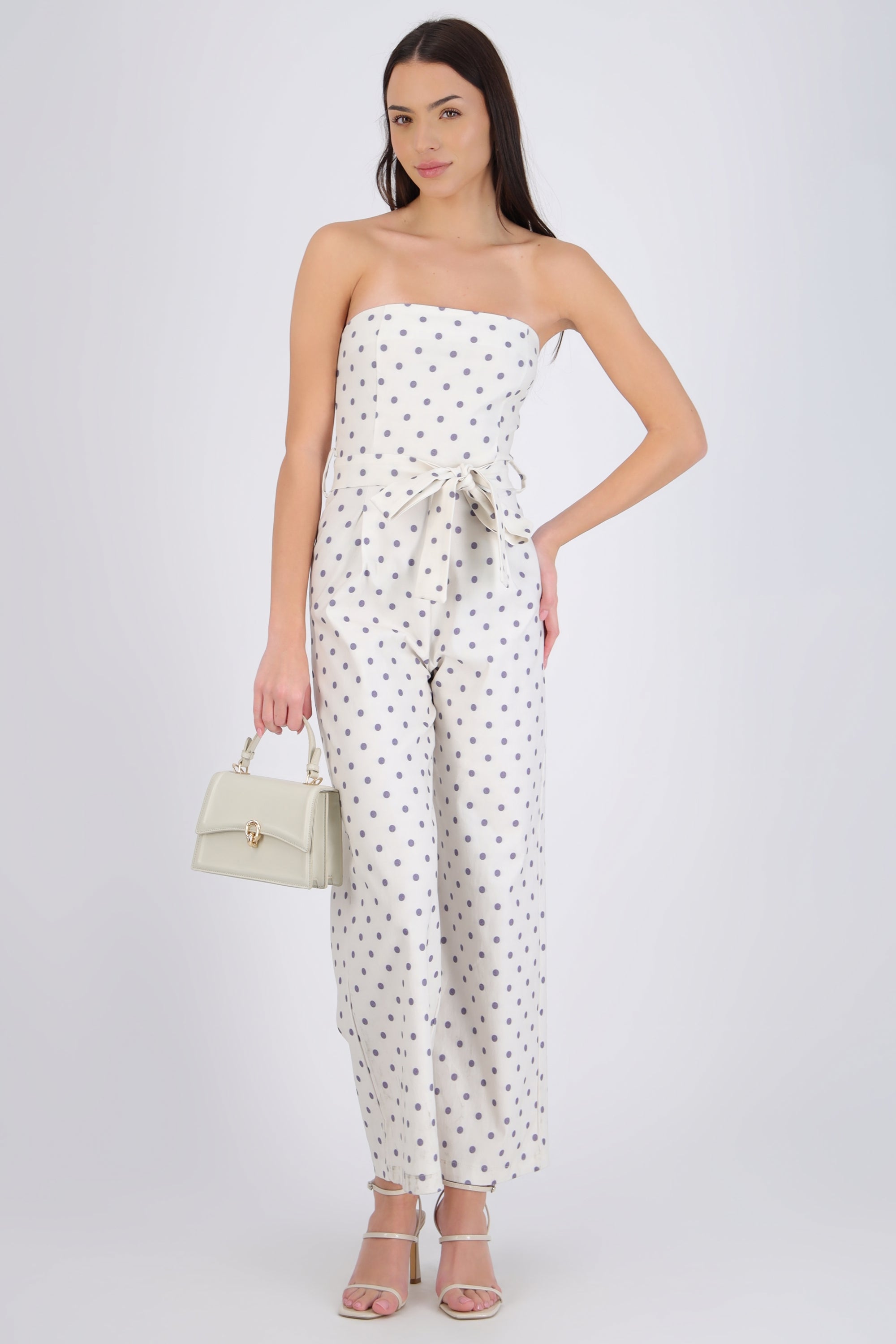 Jumpsuit strapless cinto polka dots