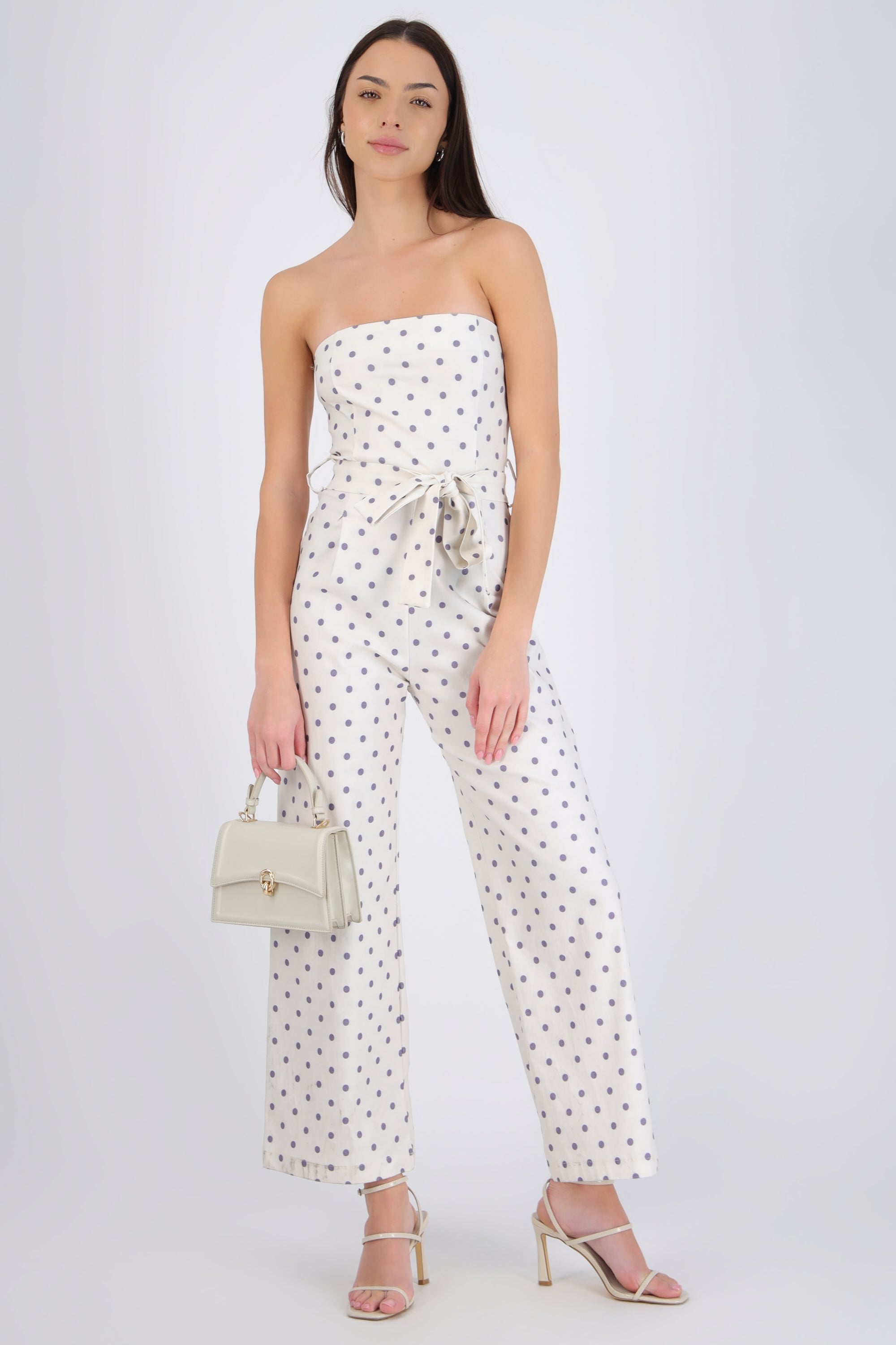 Jumpsuit strapless cinto polka dots