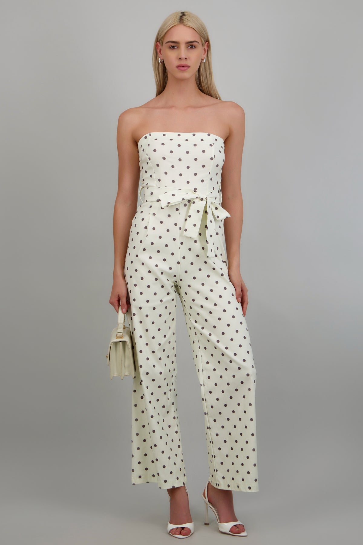 jumpsuit strapless cinto polka dots BLANCO COMBO