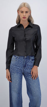 Blusa PU manga larga lisa